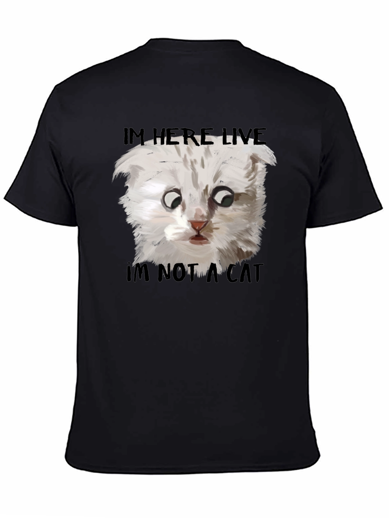 Black I'm Here Live, I'm Not A Cat T-Shirt view 4