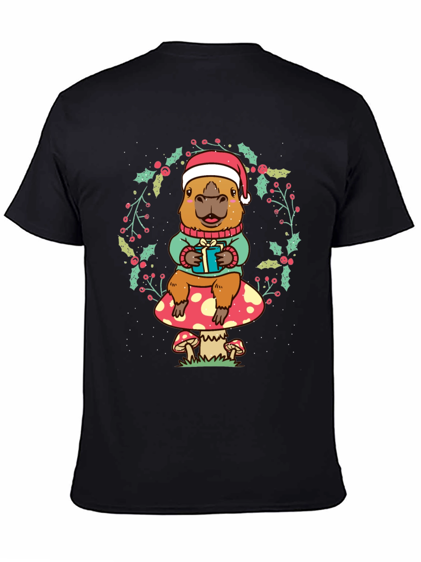 Black Festive Capybara Christmas T-Shirt view 4