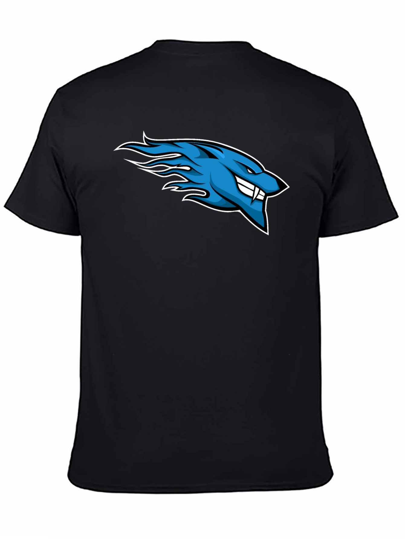 Black Men's Black T-Shirt with Blue Flaming Wolf Design view 4