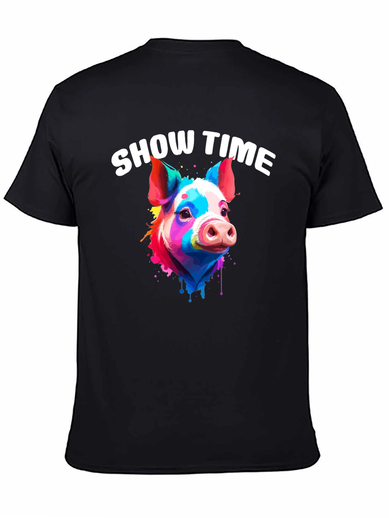 Black Show Time Pig T-Shirt: Colorful Animal Graphic Tee view 4