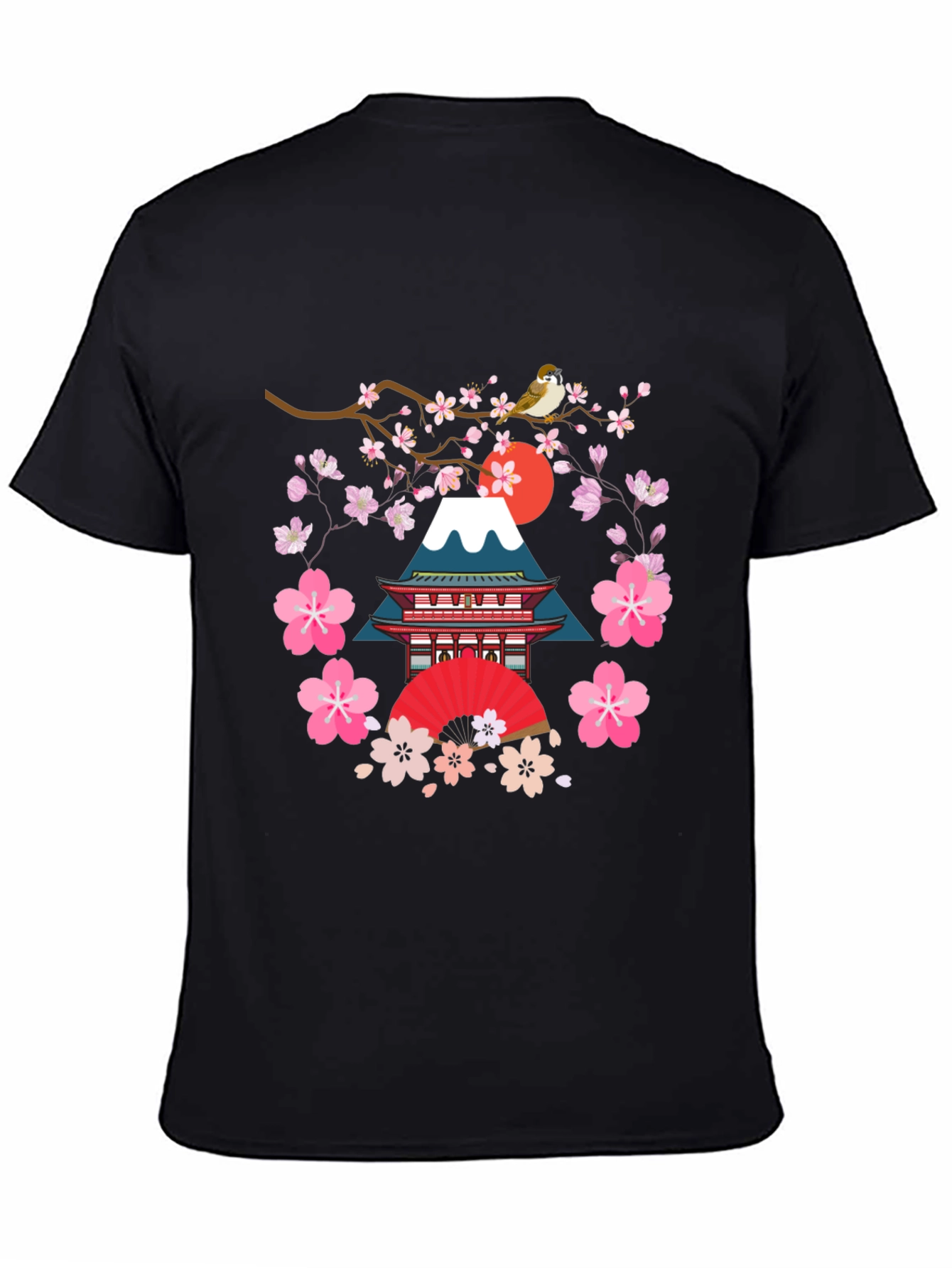 Black Japanese Art T-Shirt - Bird, Blossoms, and Mountain view 4