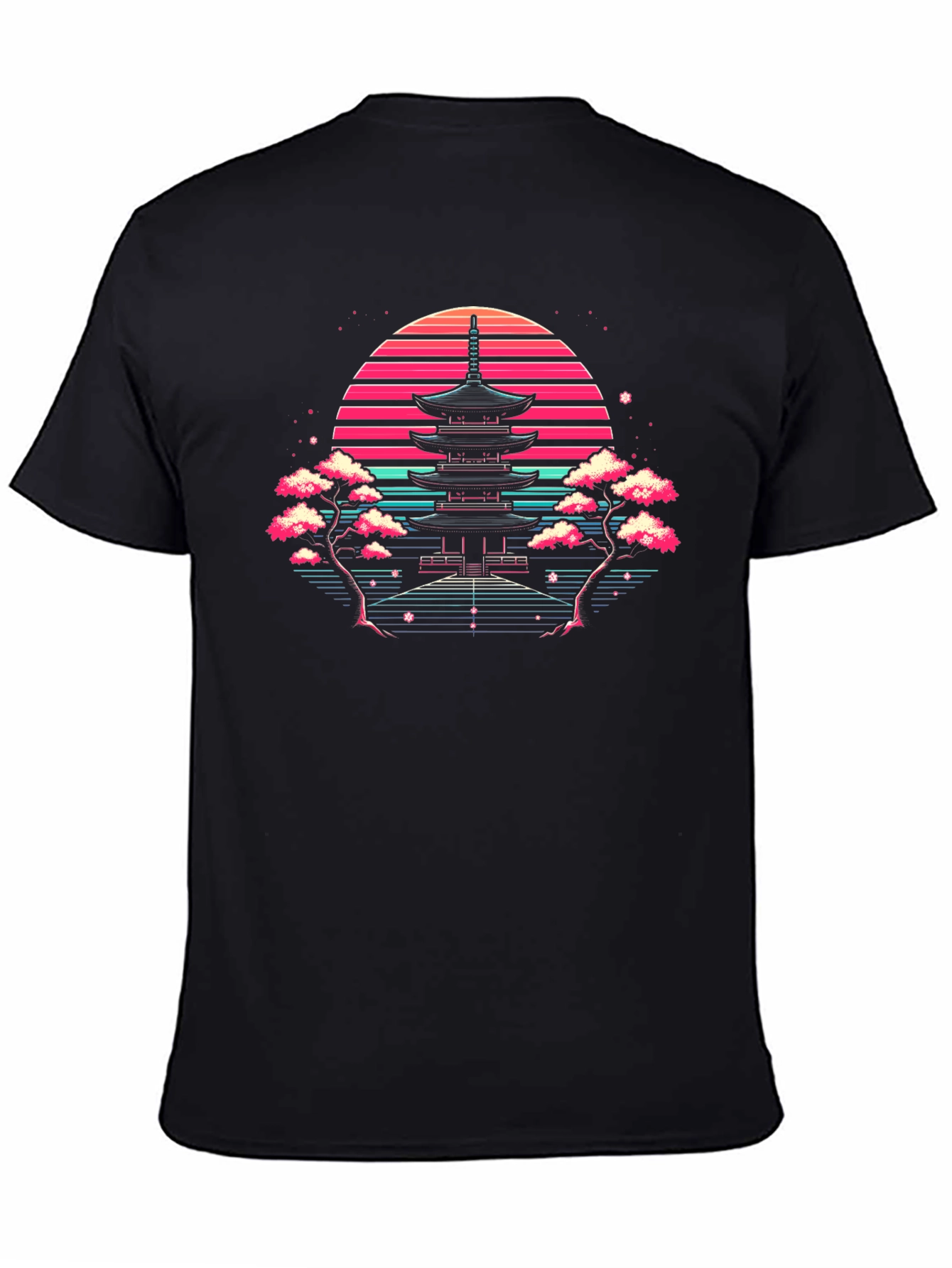 Black Retro Japanese Temple Sunset T-Shirt view 4