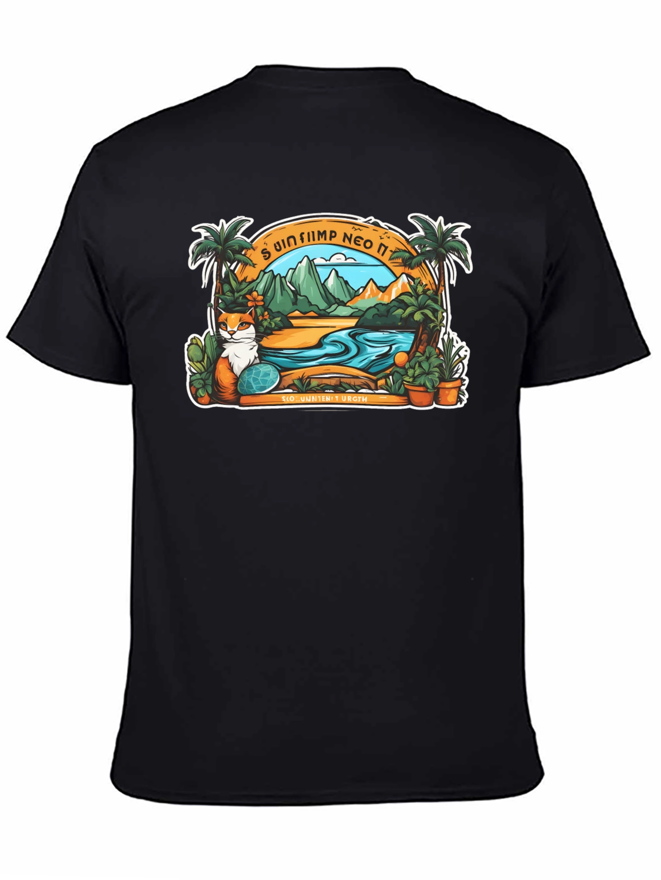 Black Tropical Cat Paradise Black T-Shirt view 4