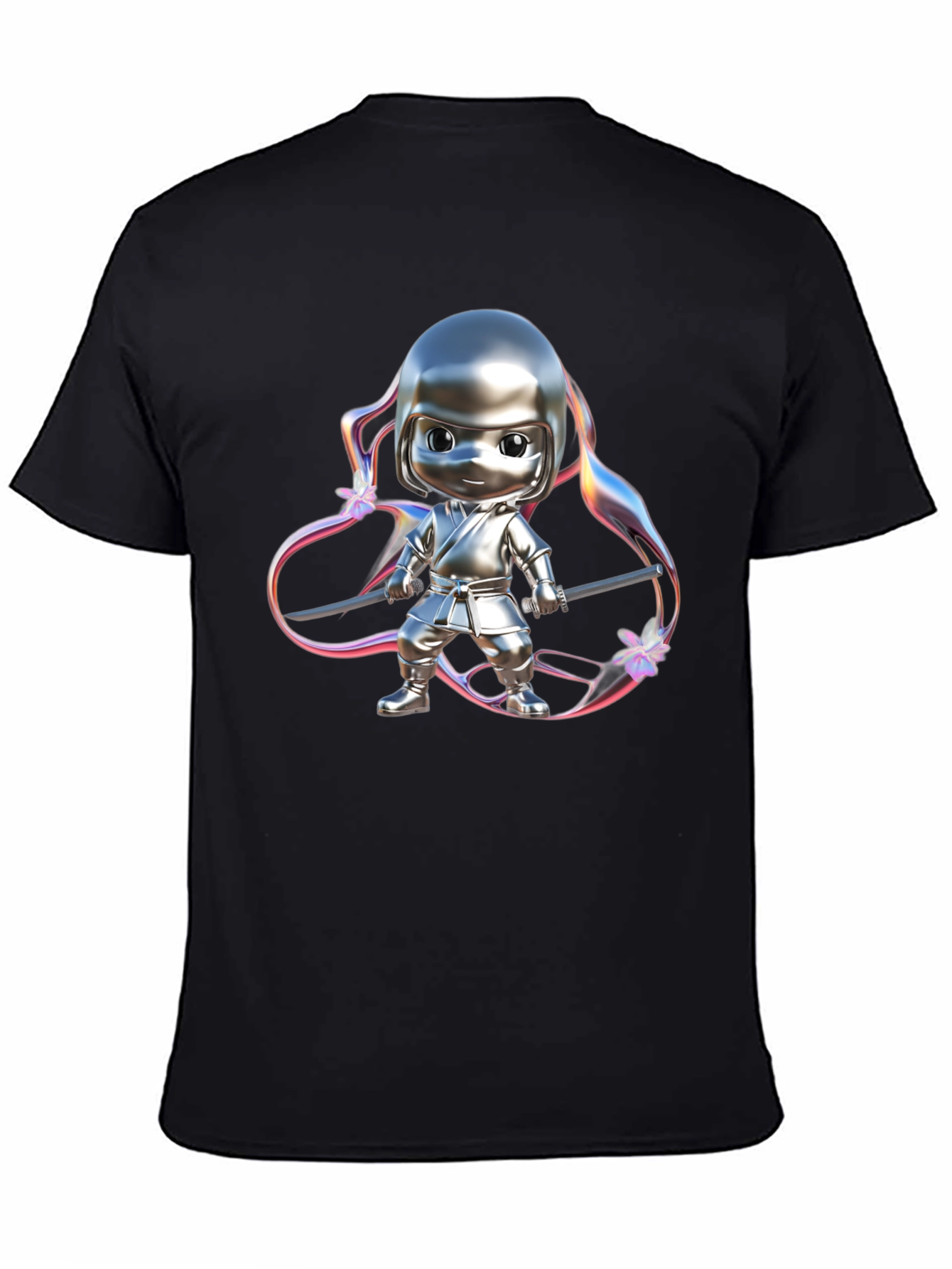 Black Ninja Cartoon Graphic Black T-Shirt view 4