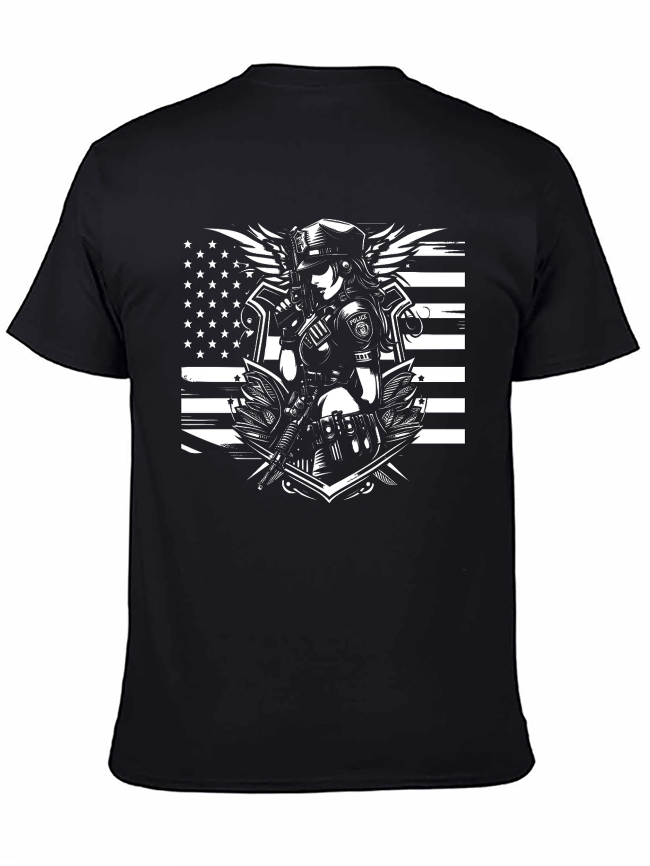 Black Police Woman Graphic T-Shirt - Black Crew Neck Tee view 4