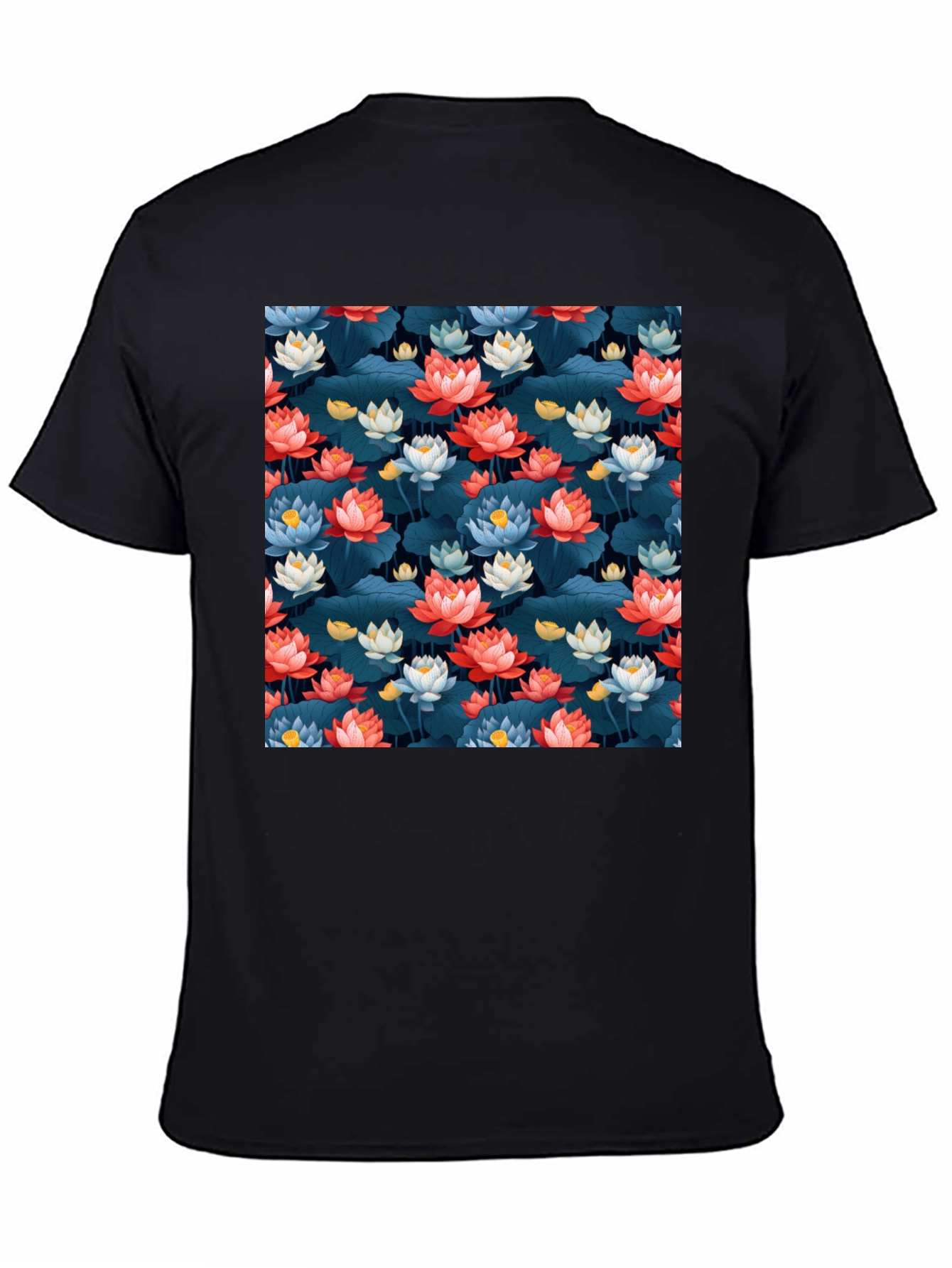 Black Lotus Flower Print Black T-Shirt view 4