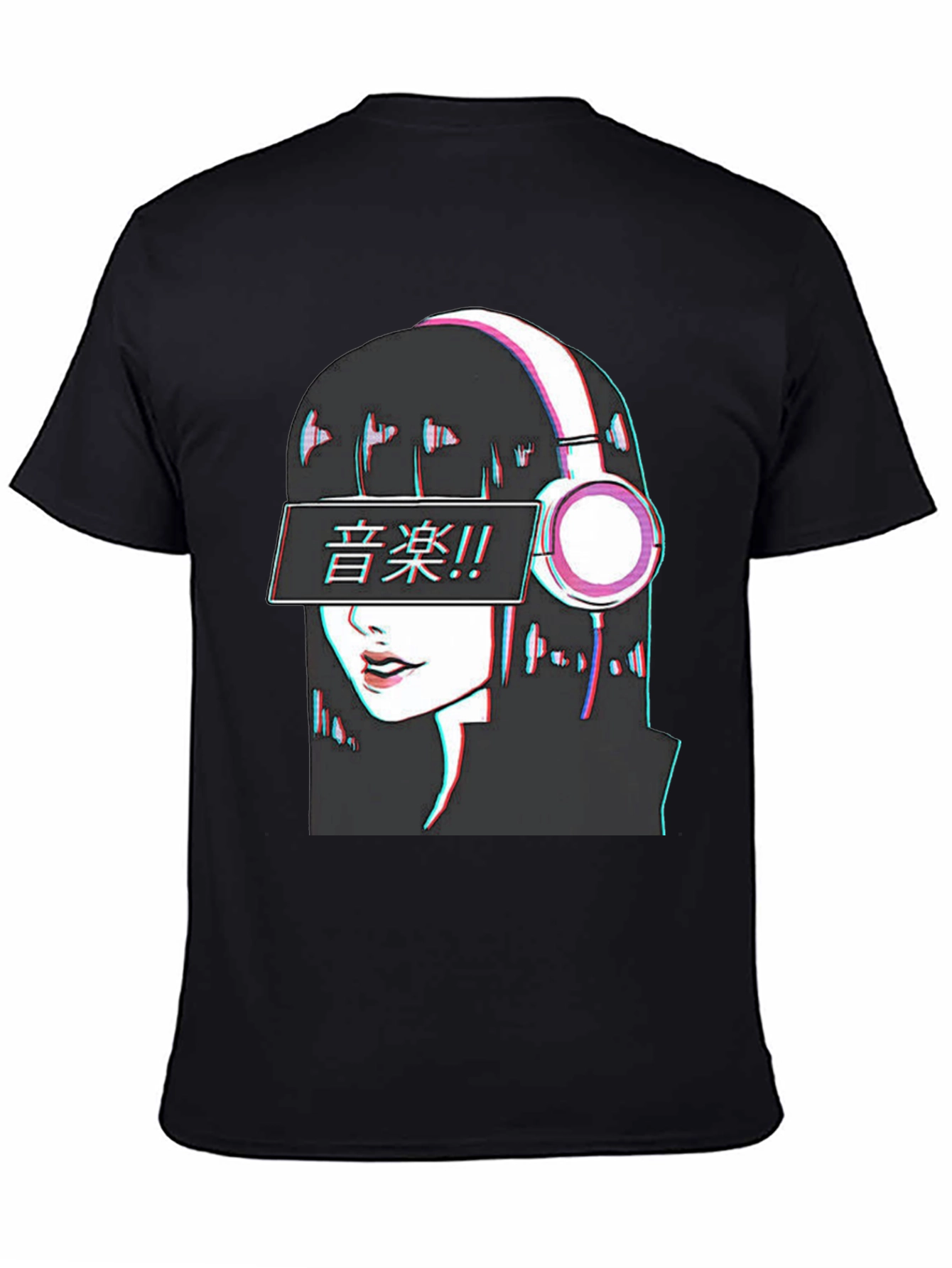 Black Anime Girl Music T-Shirt - Glitch Effect view 4