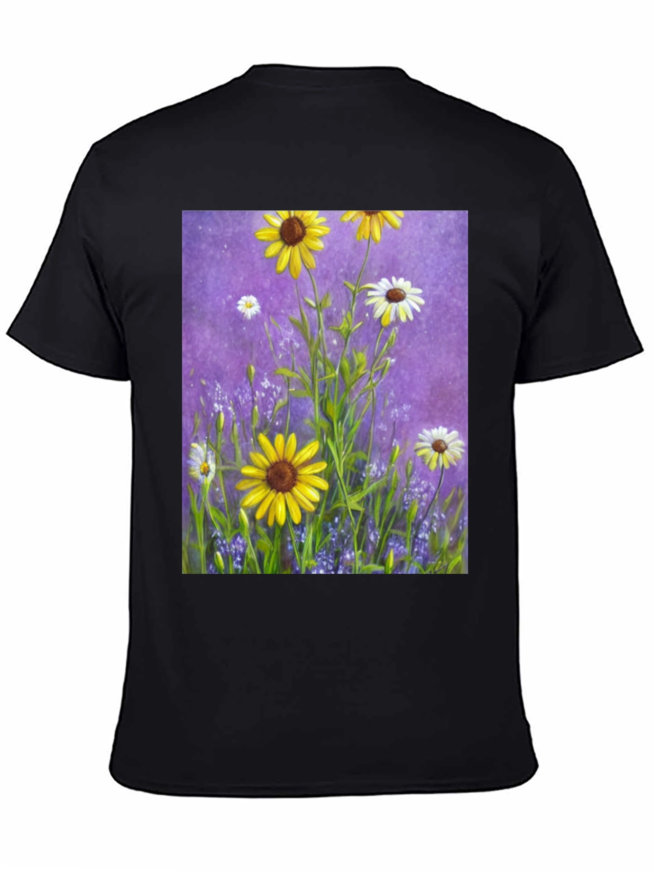 Black Floral Garden T-Shirt: Vibrant Sunflower Meadow Design view 4