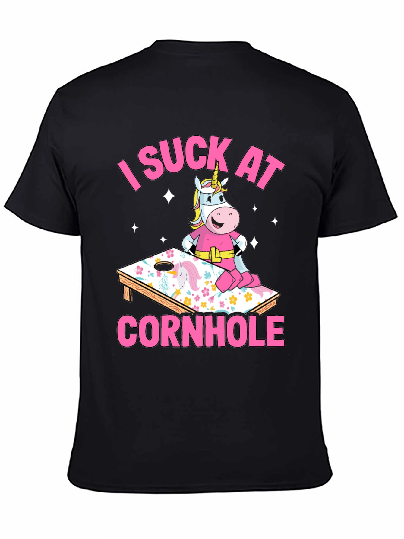 Black I Suck At Cornhole Unicorn T-Shirt view 4