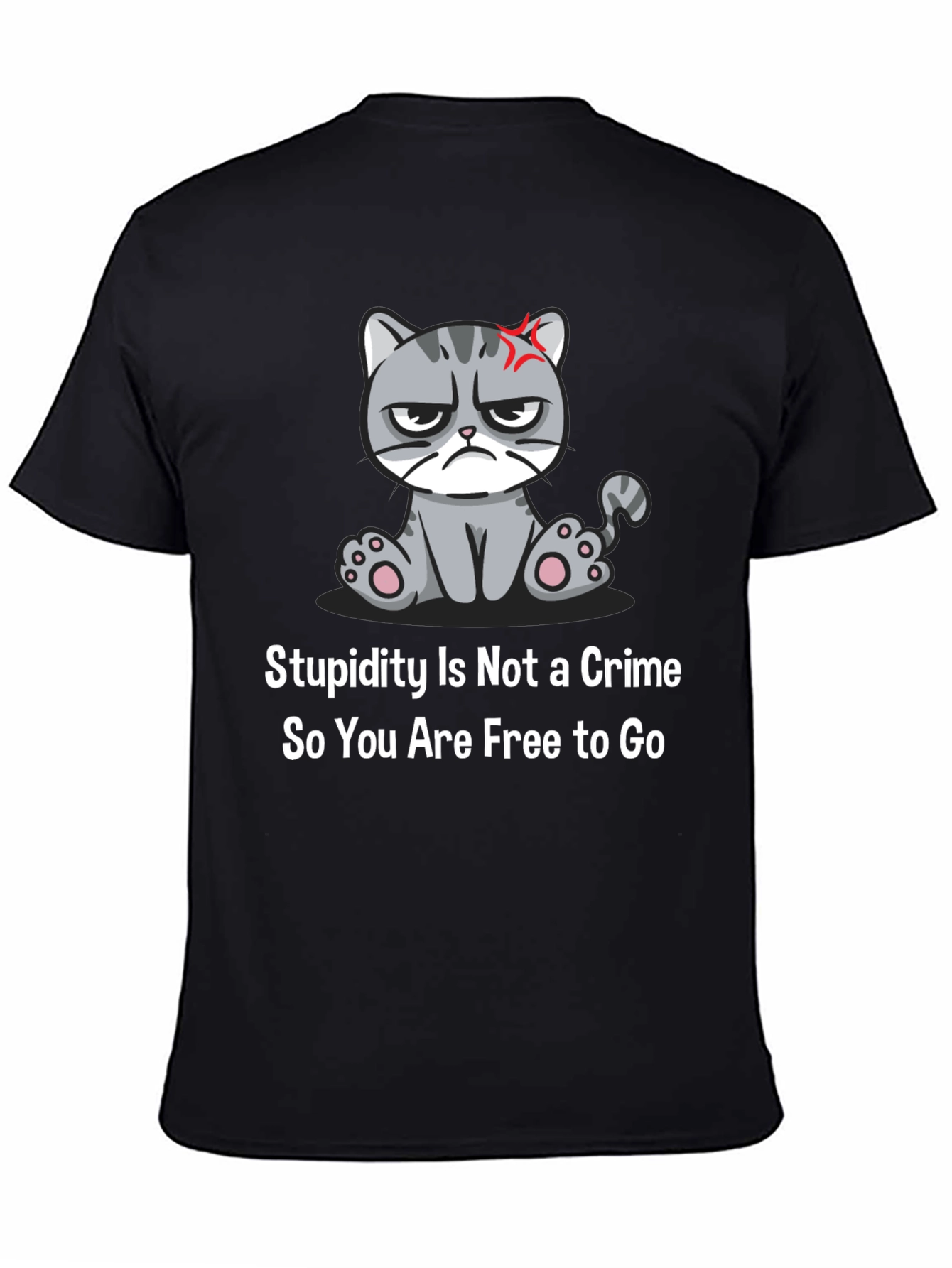 Black Grumpy Cat T-Shirt: Stupidity Is Not a Crime - Funny Sarcastic Tee view 4