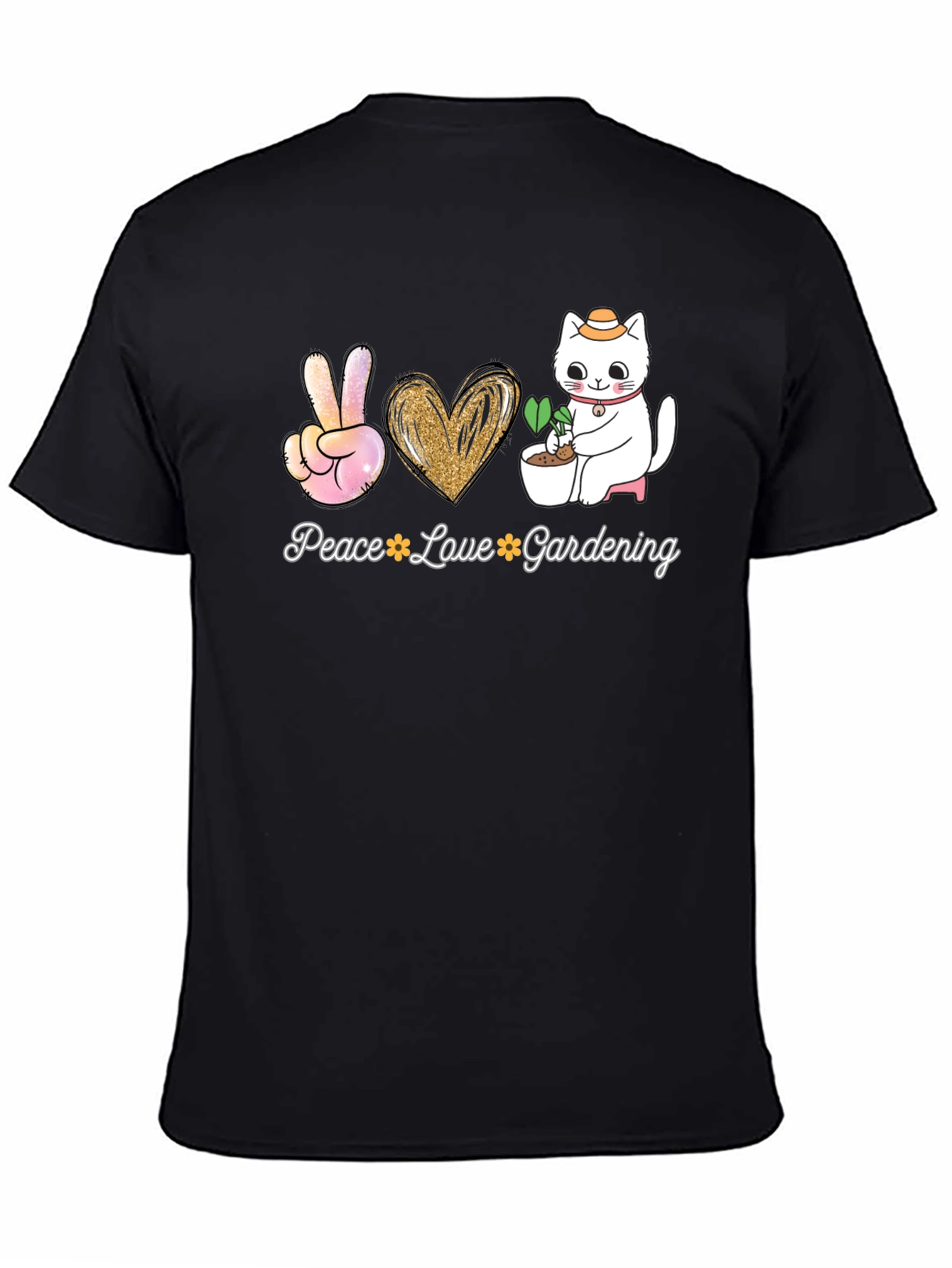 Black Peace Love Gardening T-Shirt - Cat Lover Tee view 4