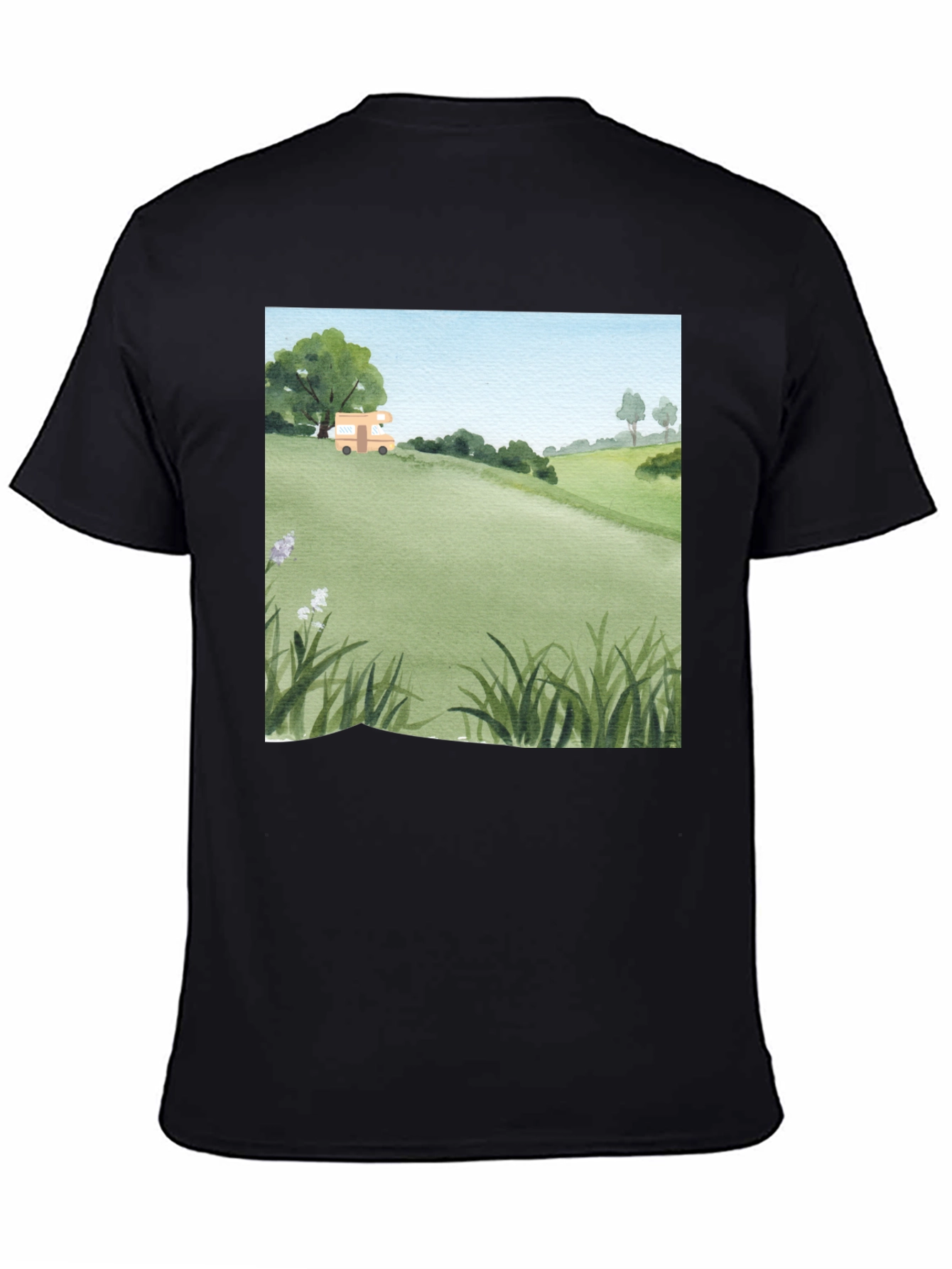 Black Watercolor Landscape Camper T-Shirt view 4