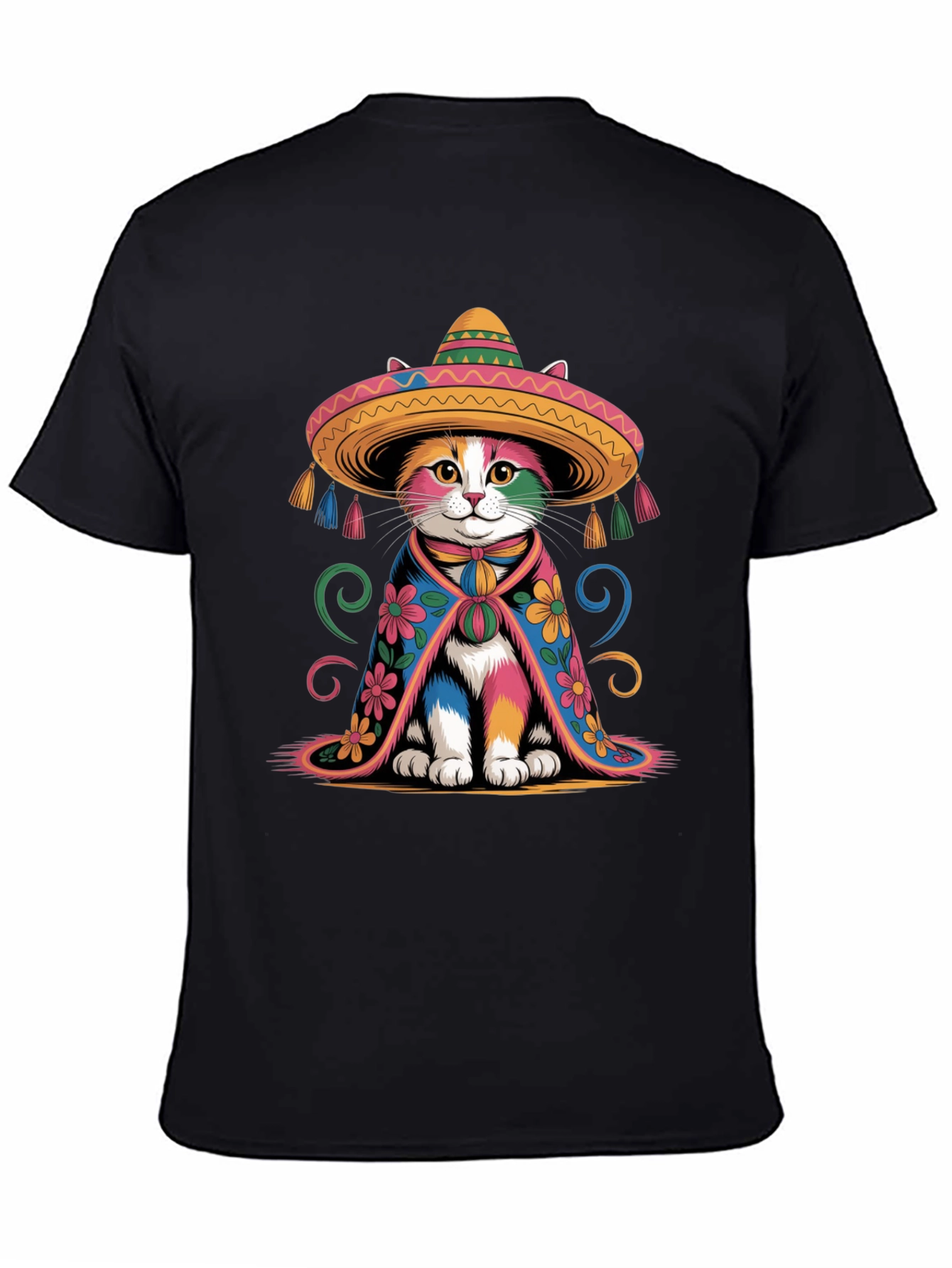 Black Colorful Cat Sombrero T-Shirt view 4