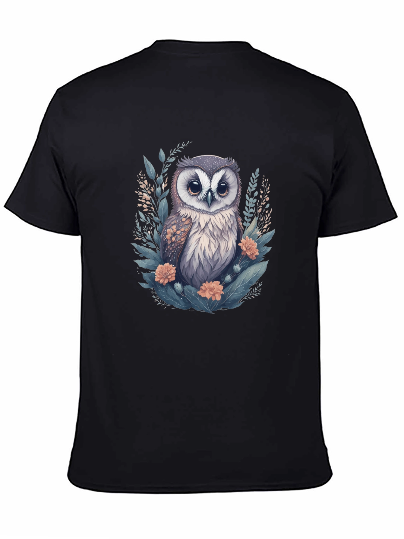 Black Cute Owl Floral Graphic Print Black T-Shirt view 4