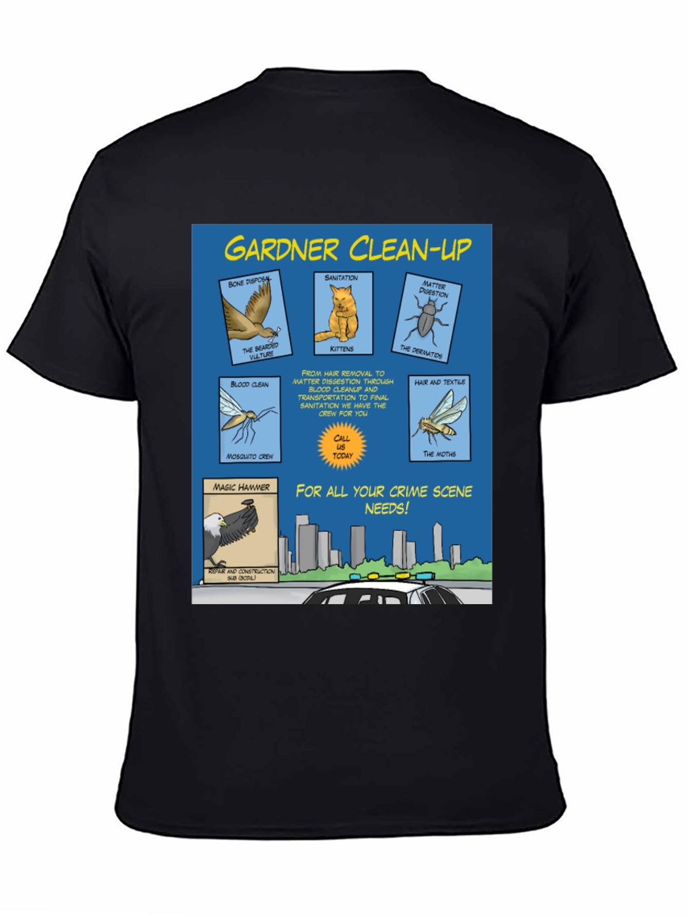 Black Gardner Clean-Up T-Shirt - Crime Scene Cartoon view 4