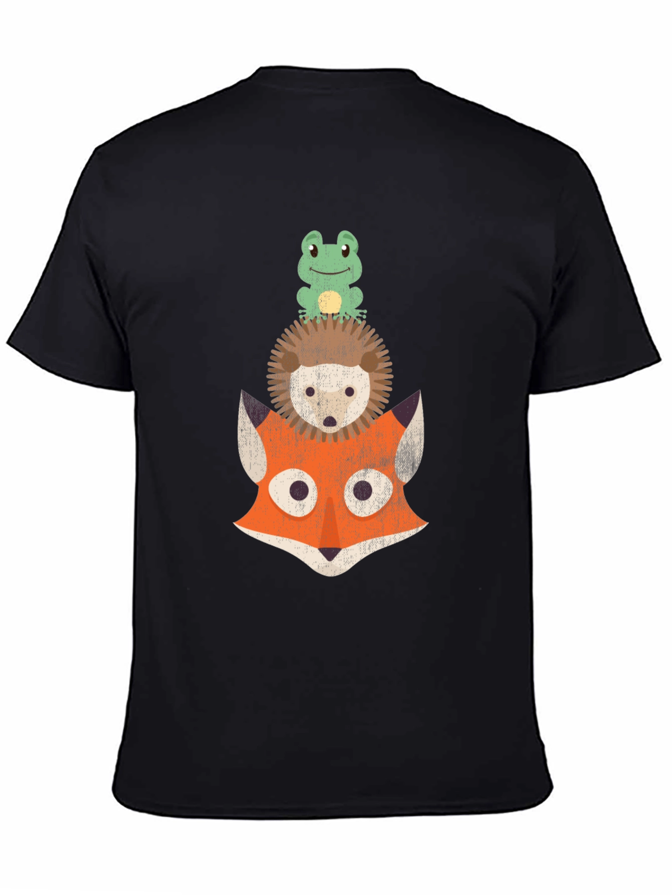 Black Stacked Animal Tee: Frog, Hedgehog, and Fox Design T-Shirt view 4