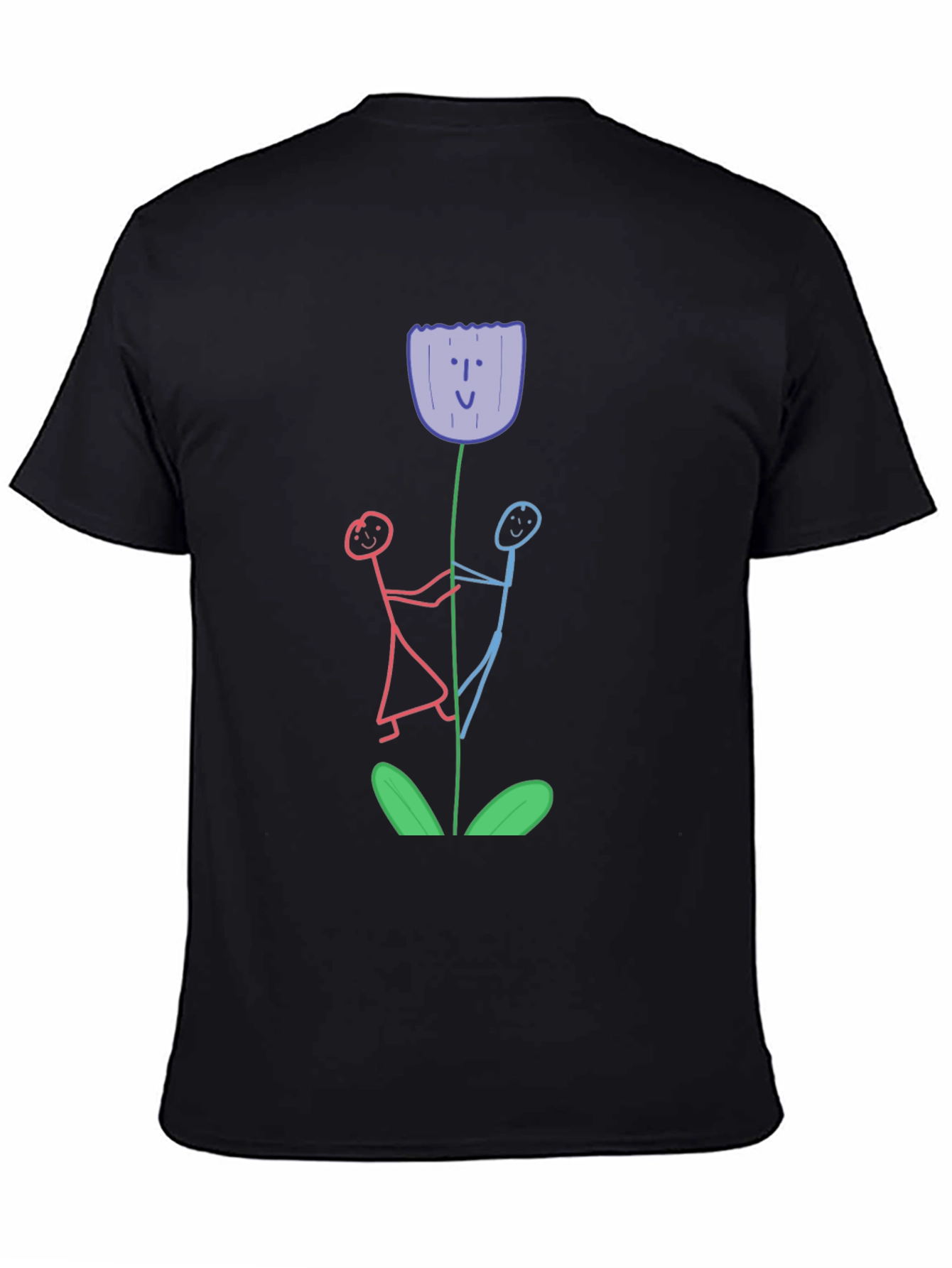 Black Whimsical Flower T-Shirt - Stick Figure Art view 4
