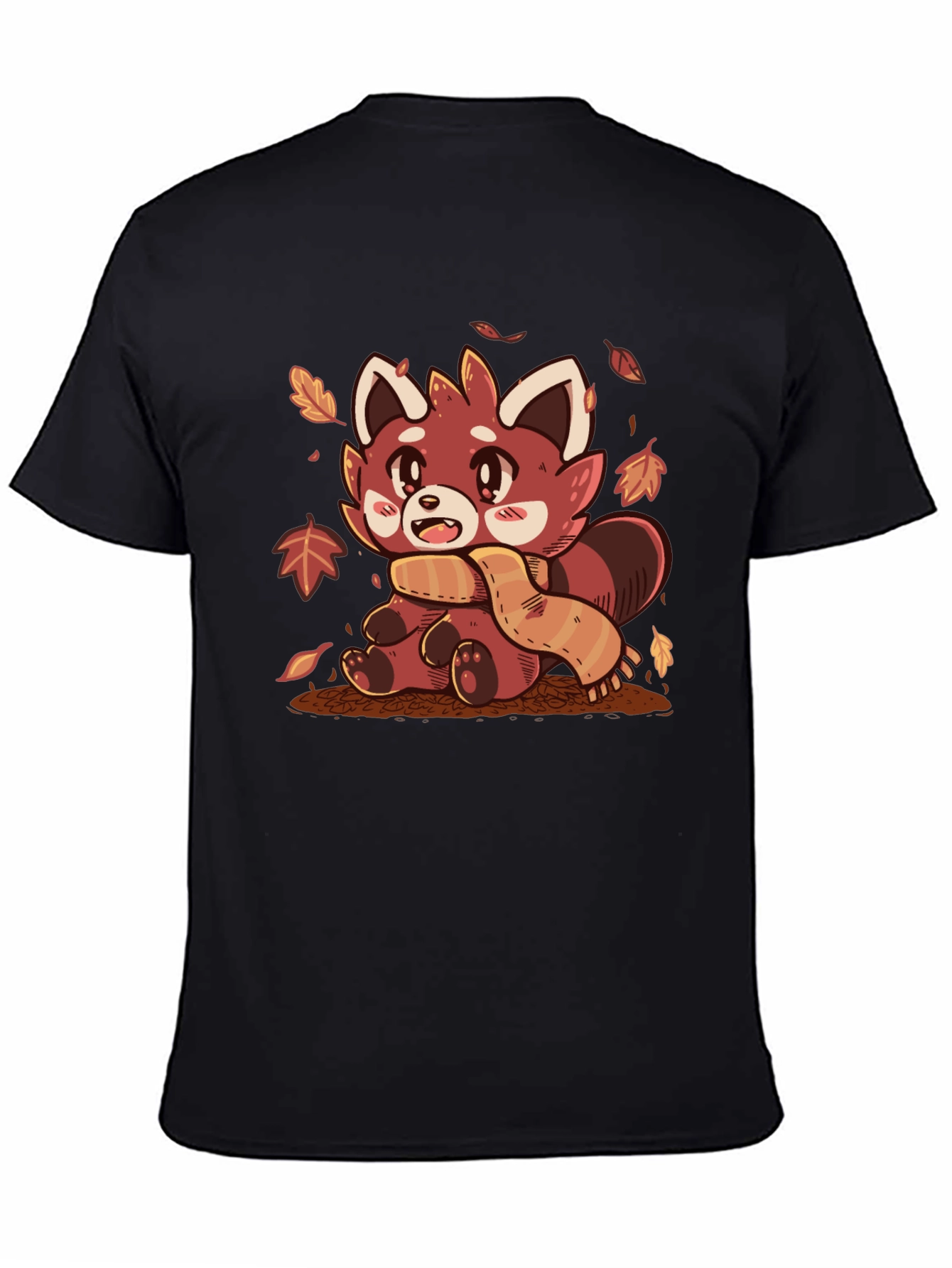 Black Red Panda Scarf Fall Leaves Graphic T-Shirt view 4