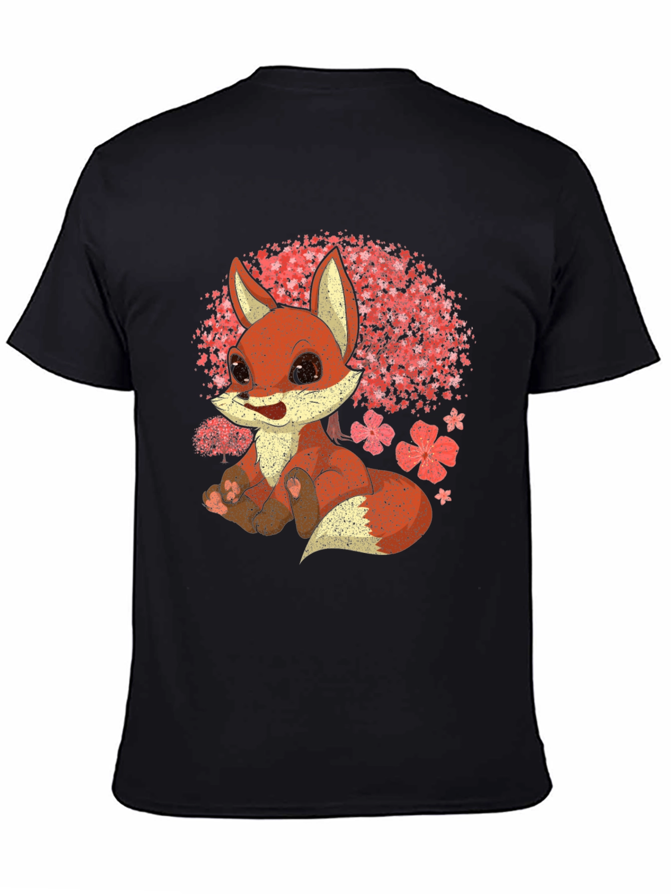 Black Cute Fox T-Shirt - Cherry Blossom Design view 4