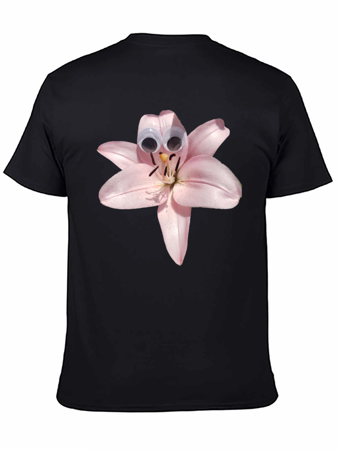 Black Floral Humor Tee: Lily with Googly Eyes view 4