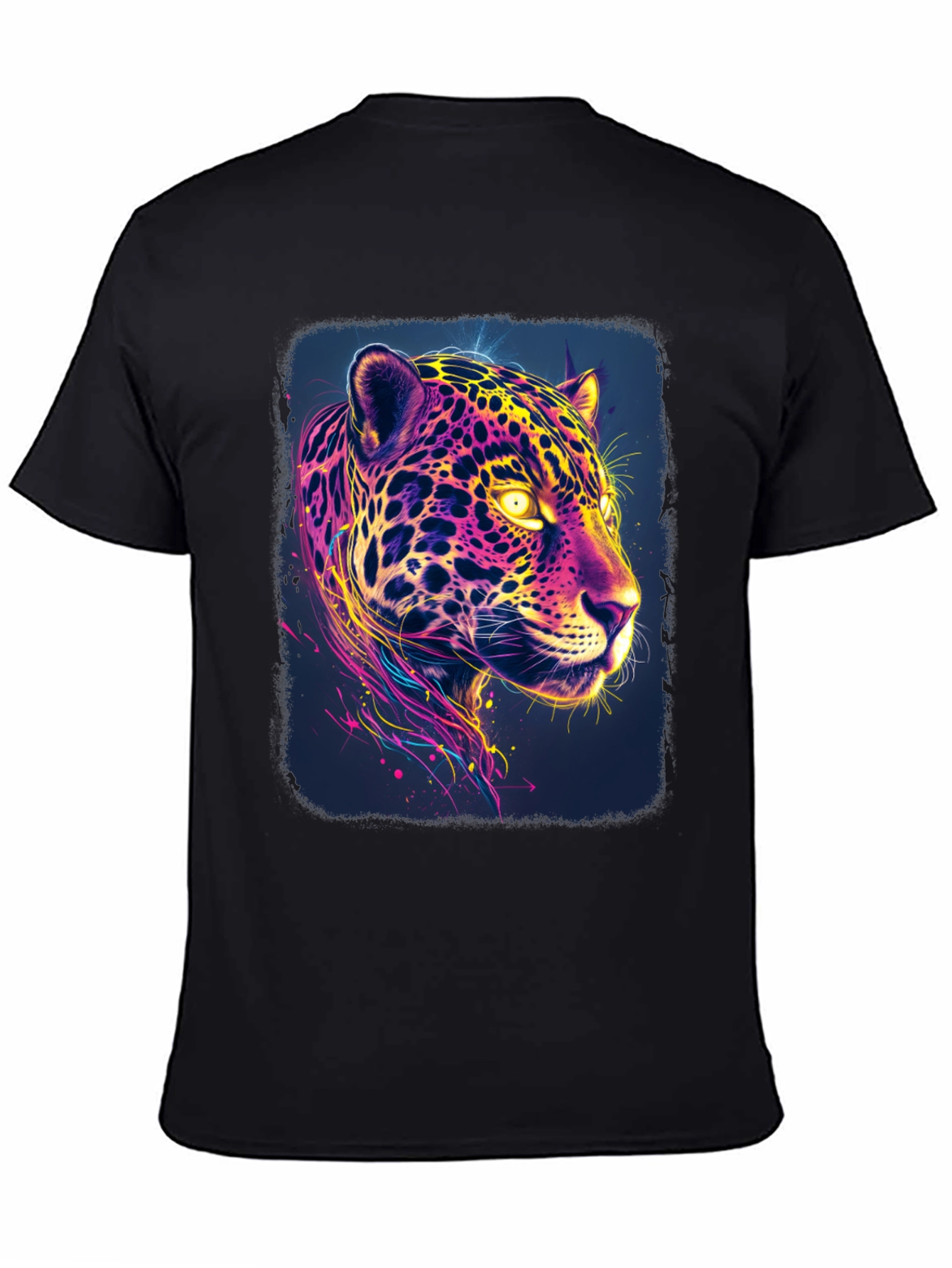 Black Vibrant Neon Jaguar Graphic Black T-Shirt view 4