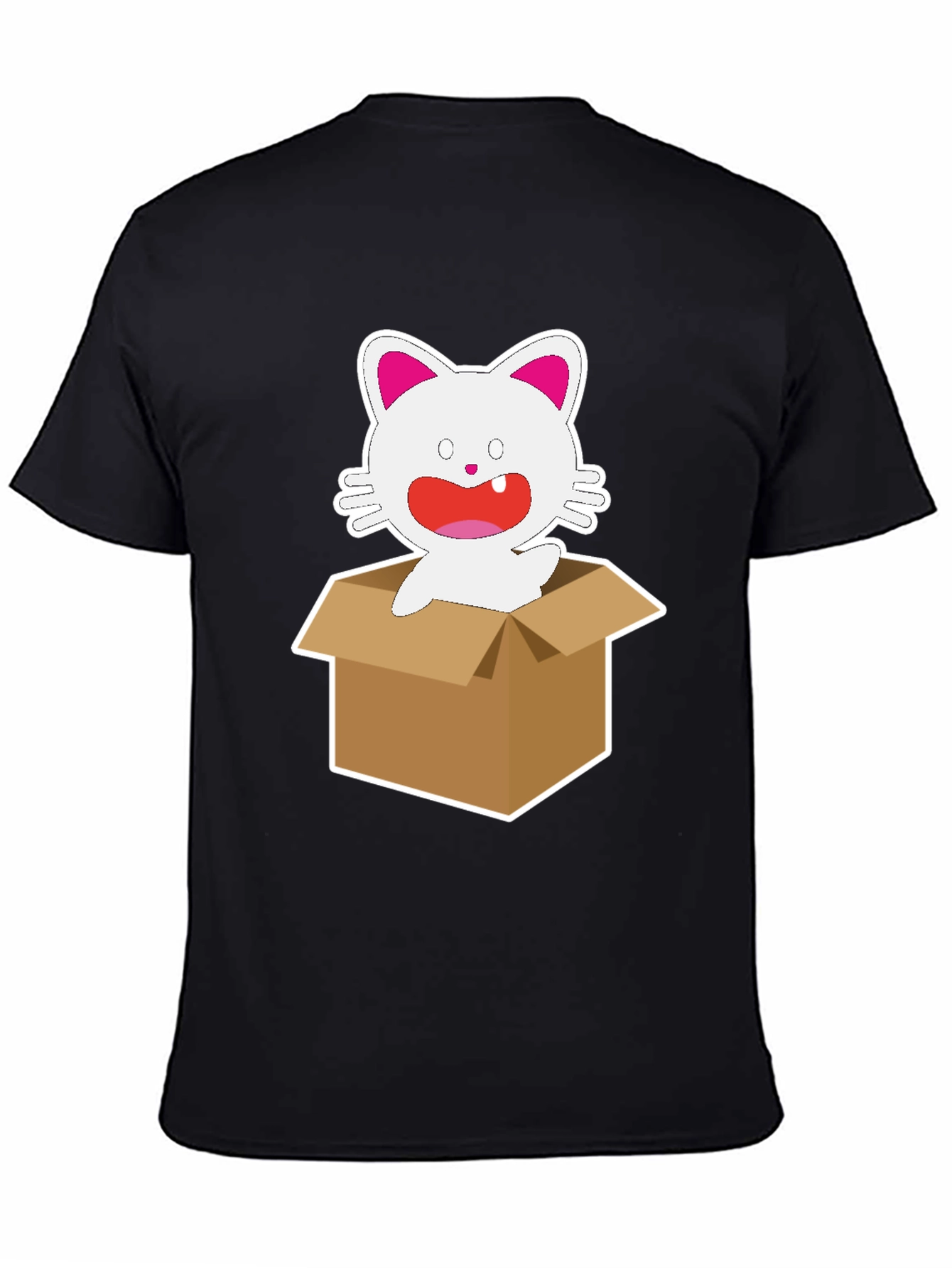 Black Cartoon Cat in Box Graphic Tee - Unisex Black T-Shirt view 4