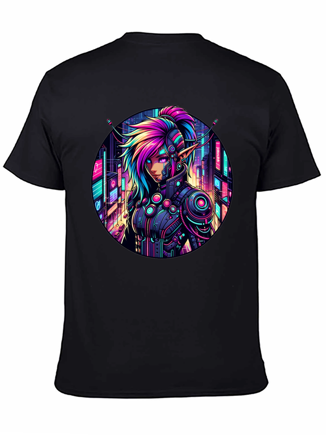 Black Cyberpunk Elf T-Shirt: Neon Cityscape Graphic Tee view 4