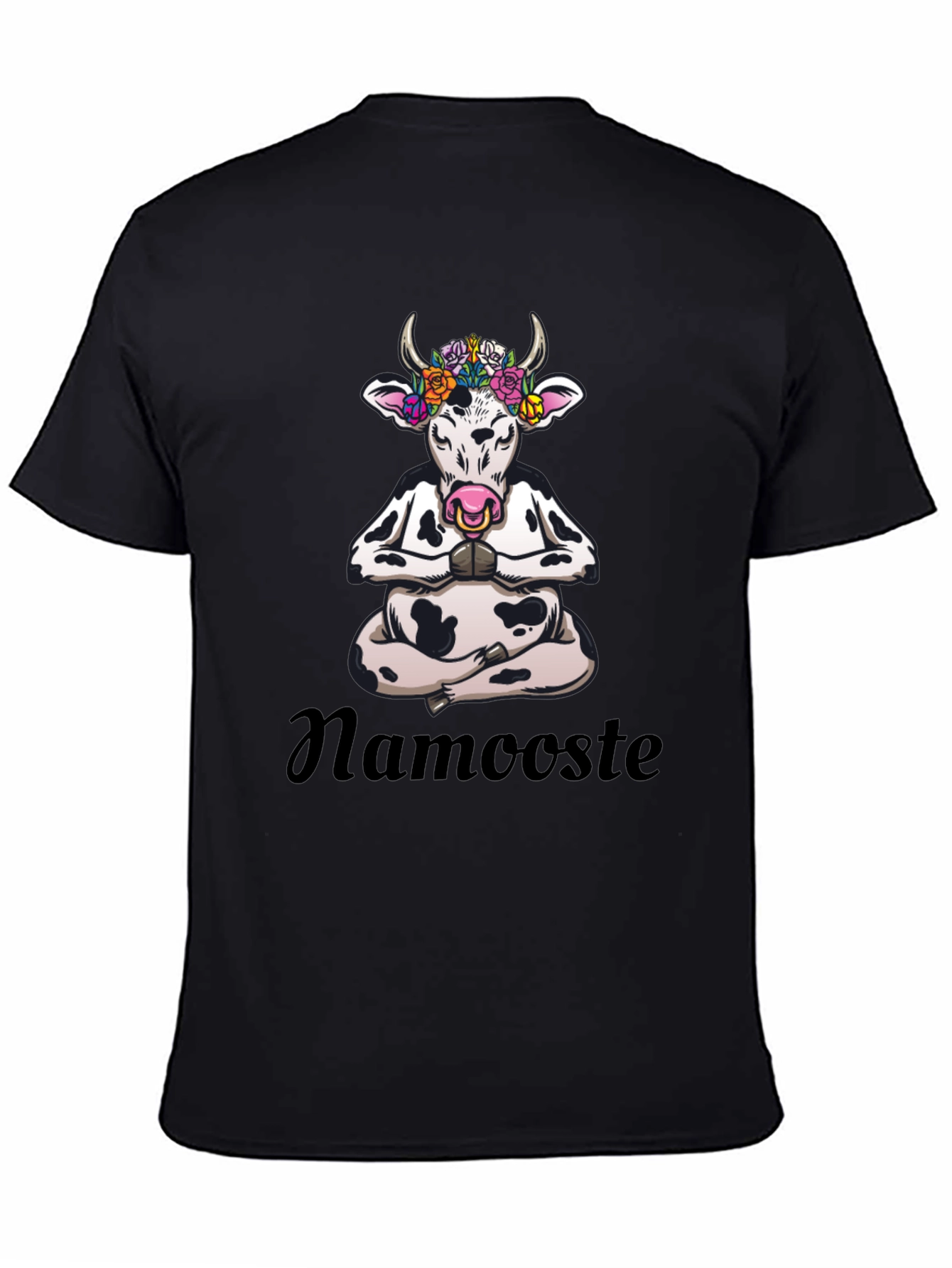 Black Namaste Cow T-Shirt: Meditating Cow with Flowers view 4