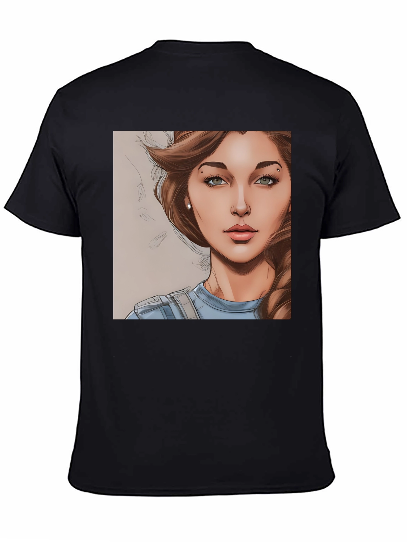 Black Woman Cartoon Portrait Black T-Shirt view 4
