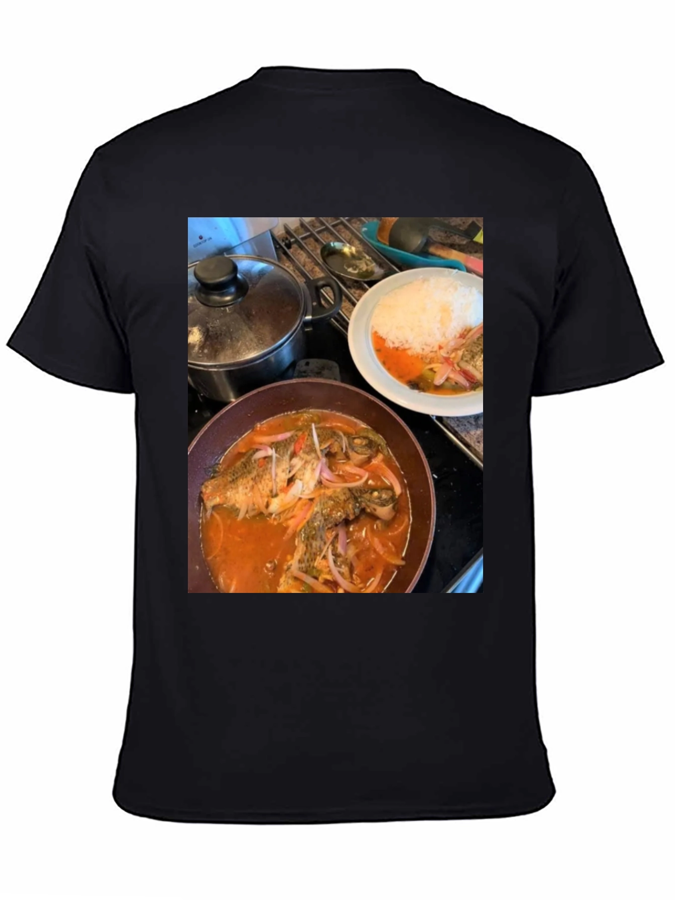 Black Foodie T-Shirt: Delicious Fish Dish Design view 4