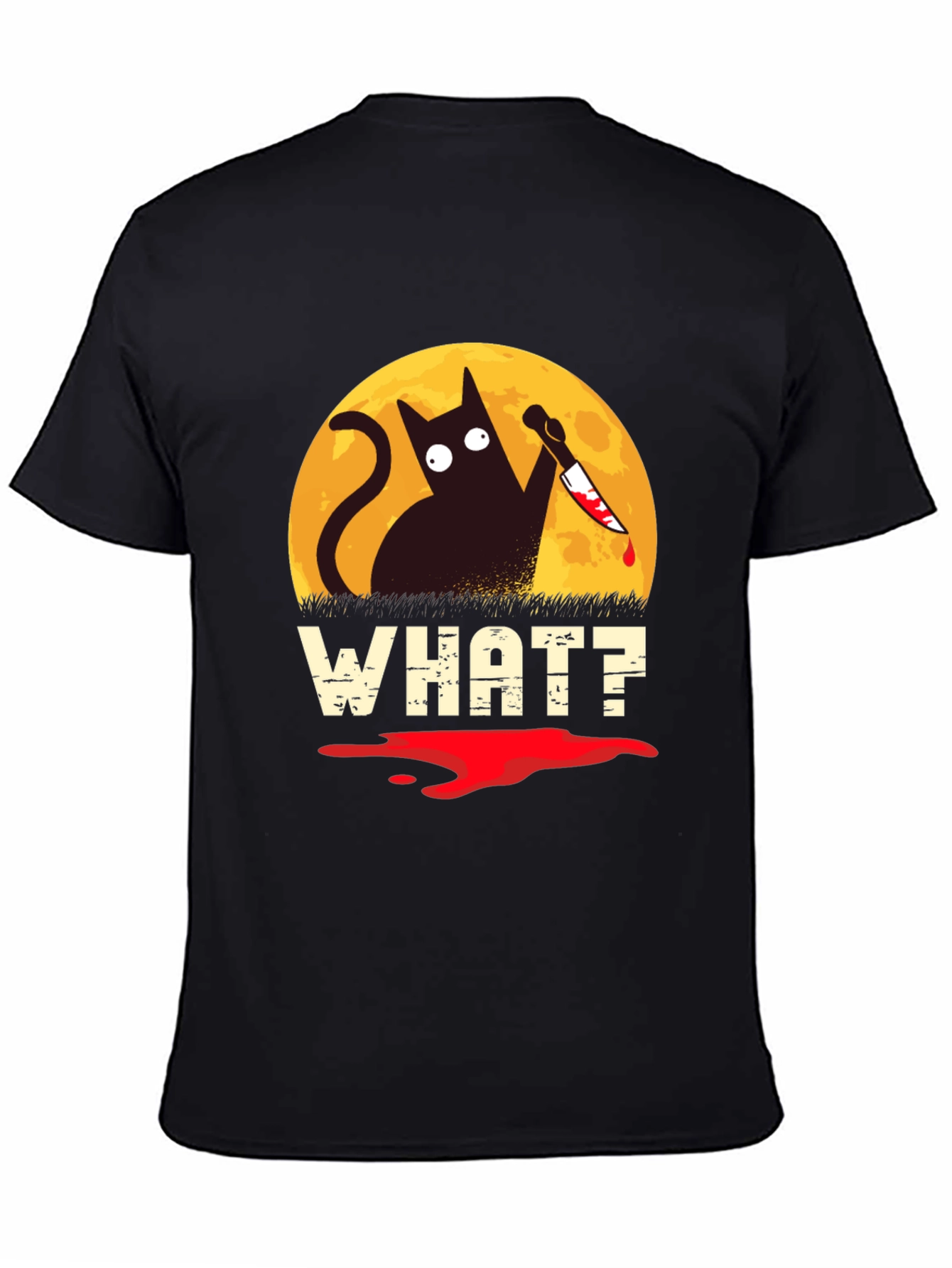 Black Funny Cat What? T-Shirt Halloween Black Cat with Knife Tee view 4