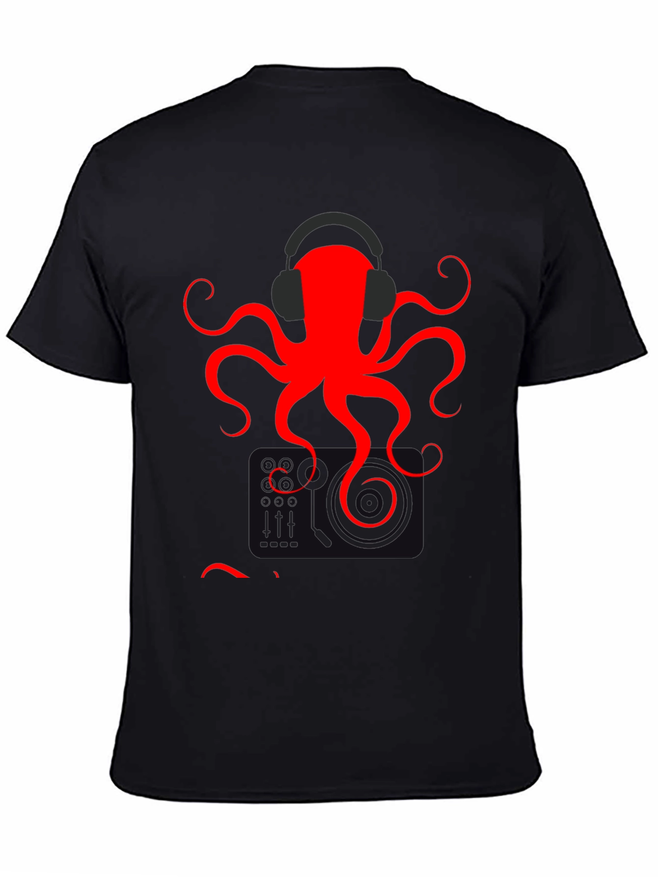 Black Red Octopus Headphones Graphic T-Shirt view 4