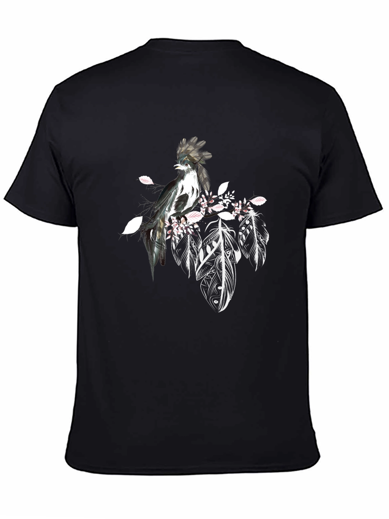 Black Black T-Shirt with Bird and Feathers Design view 4
