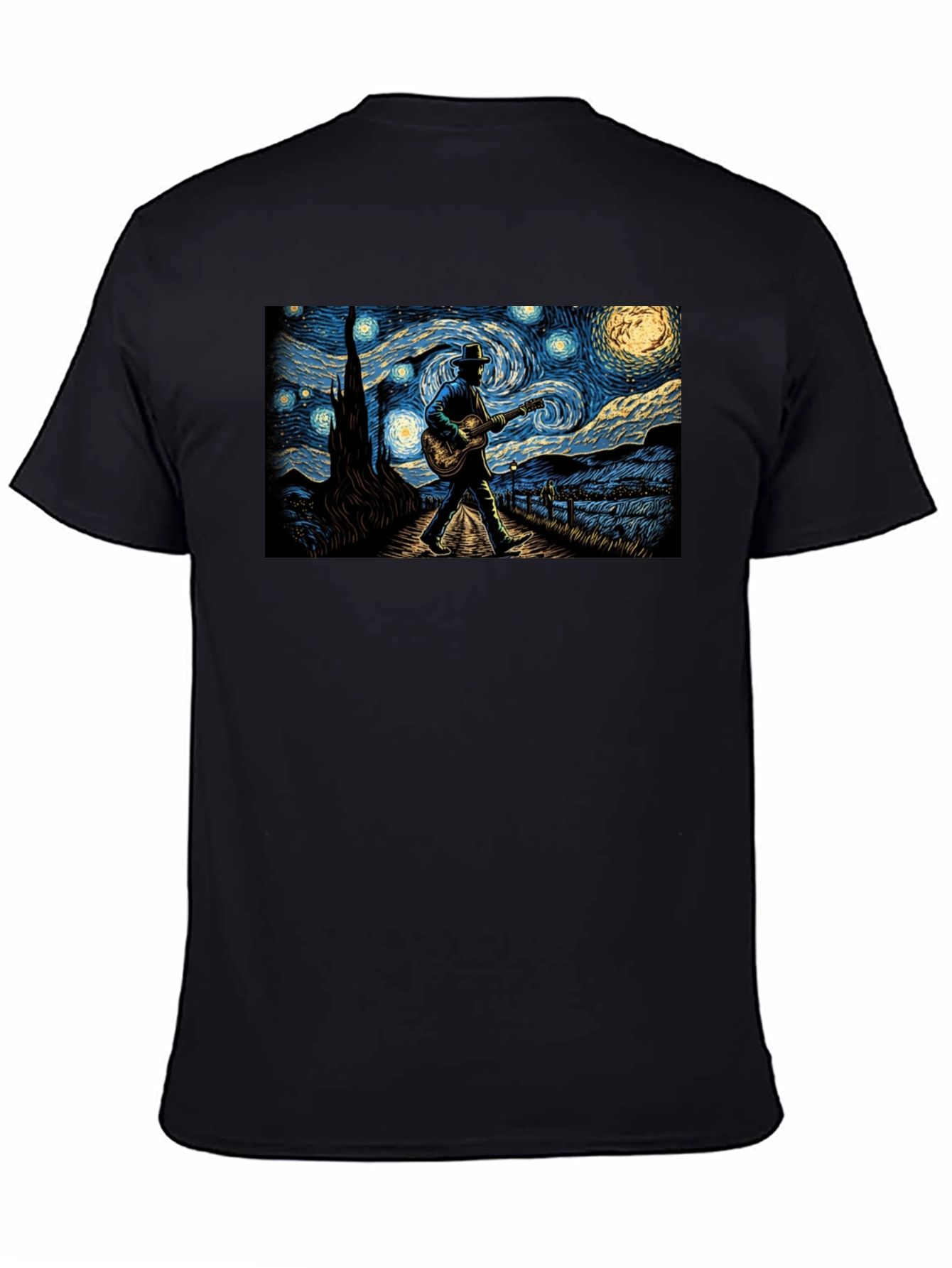 Black Starry Night Guitar Player Graphic Tee view 4