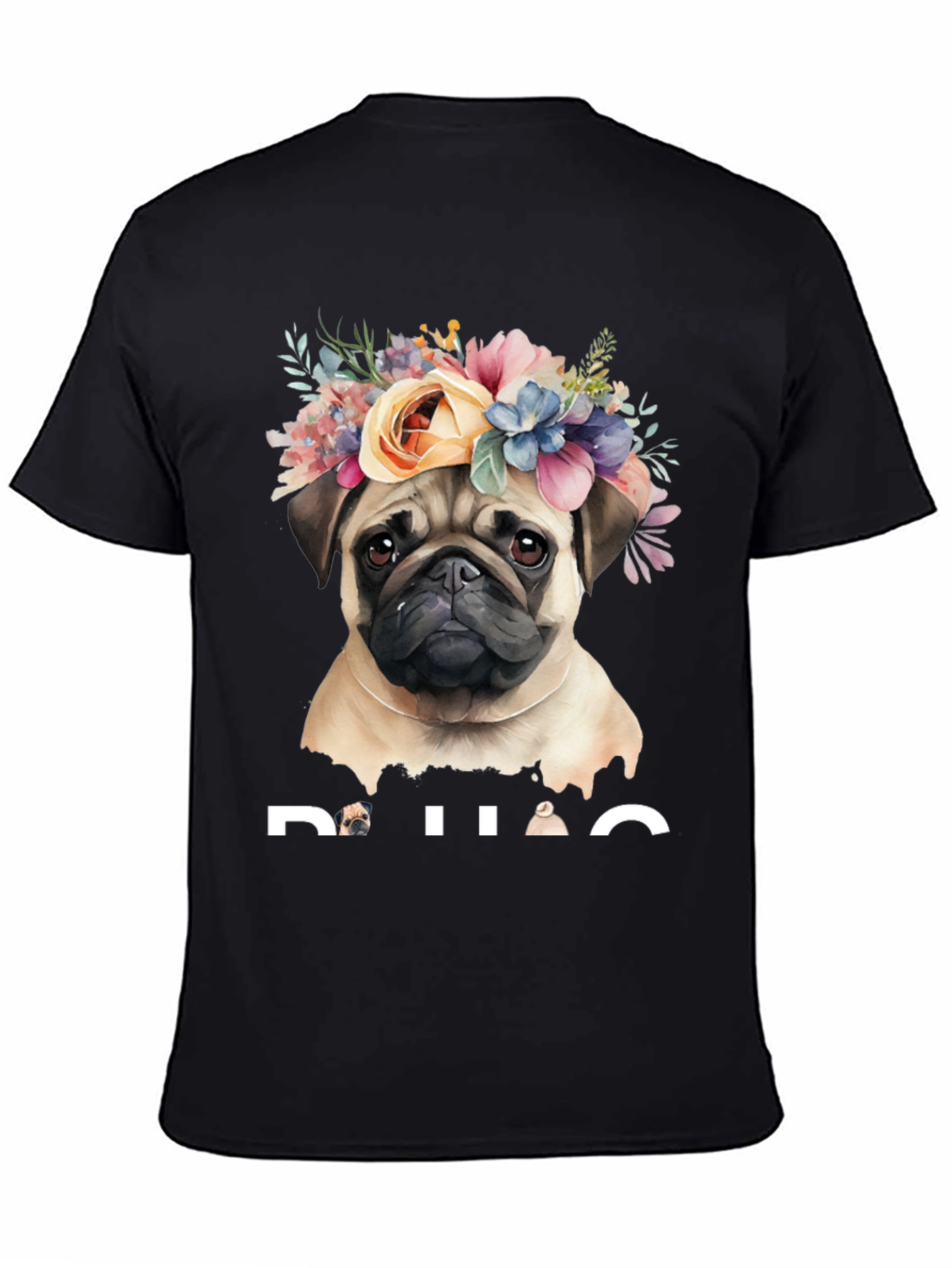 Black Pug Floral Crown Graphic Tee - Black Cotton T-Shirt view 4