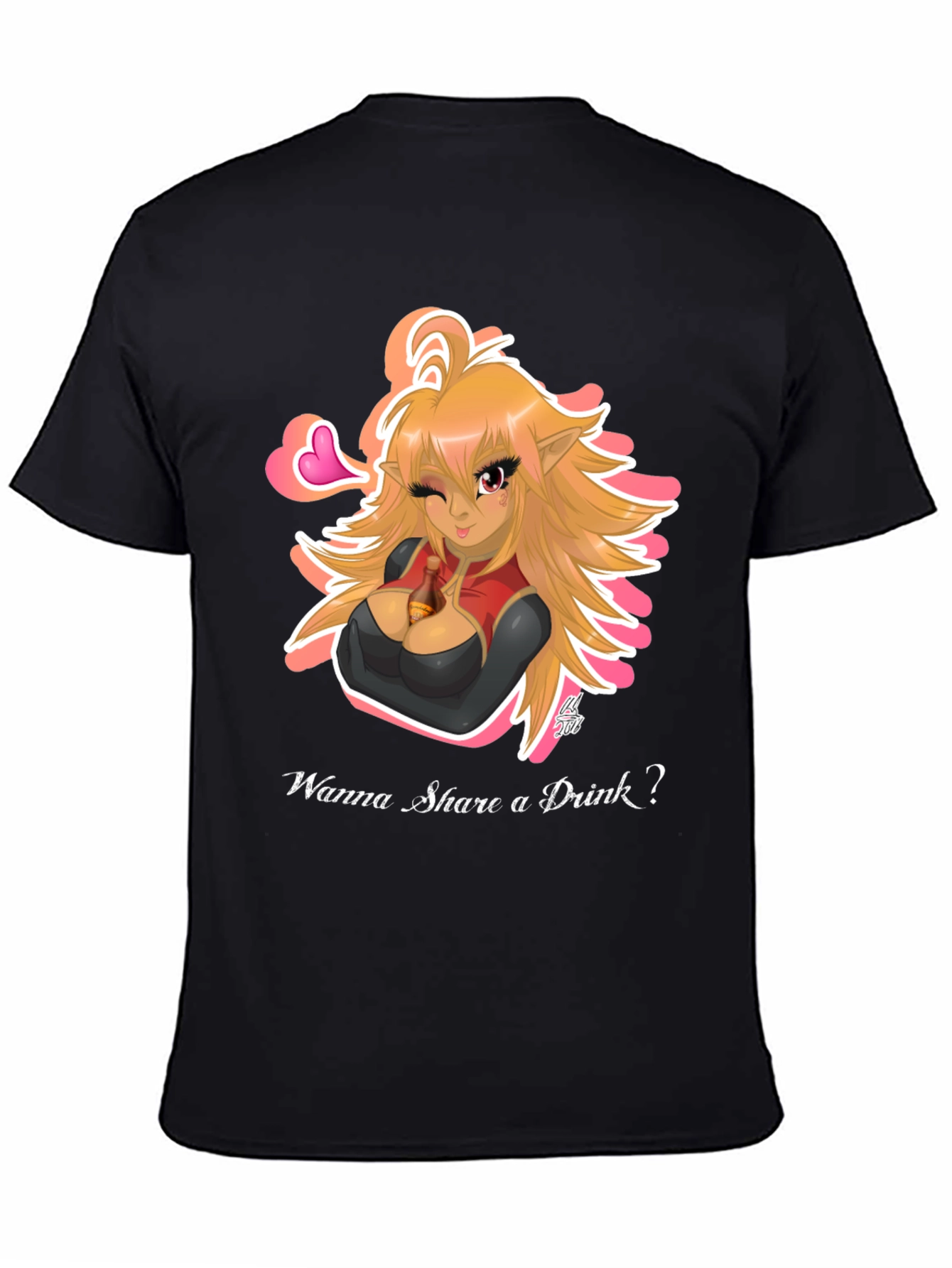 Black Anime Girl "Wanna Share a Drink?" Black T-Shirt view 4