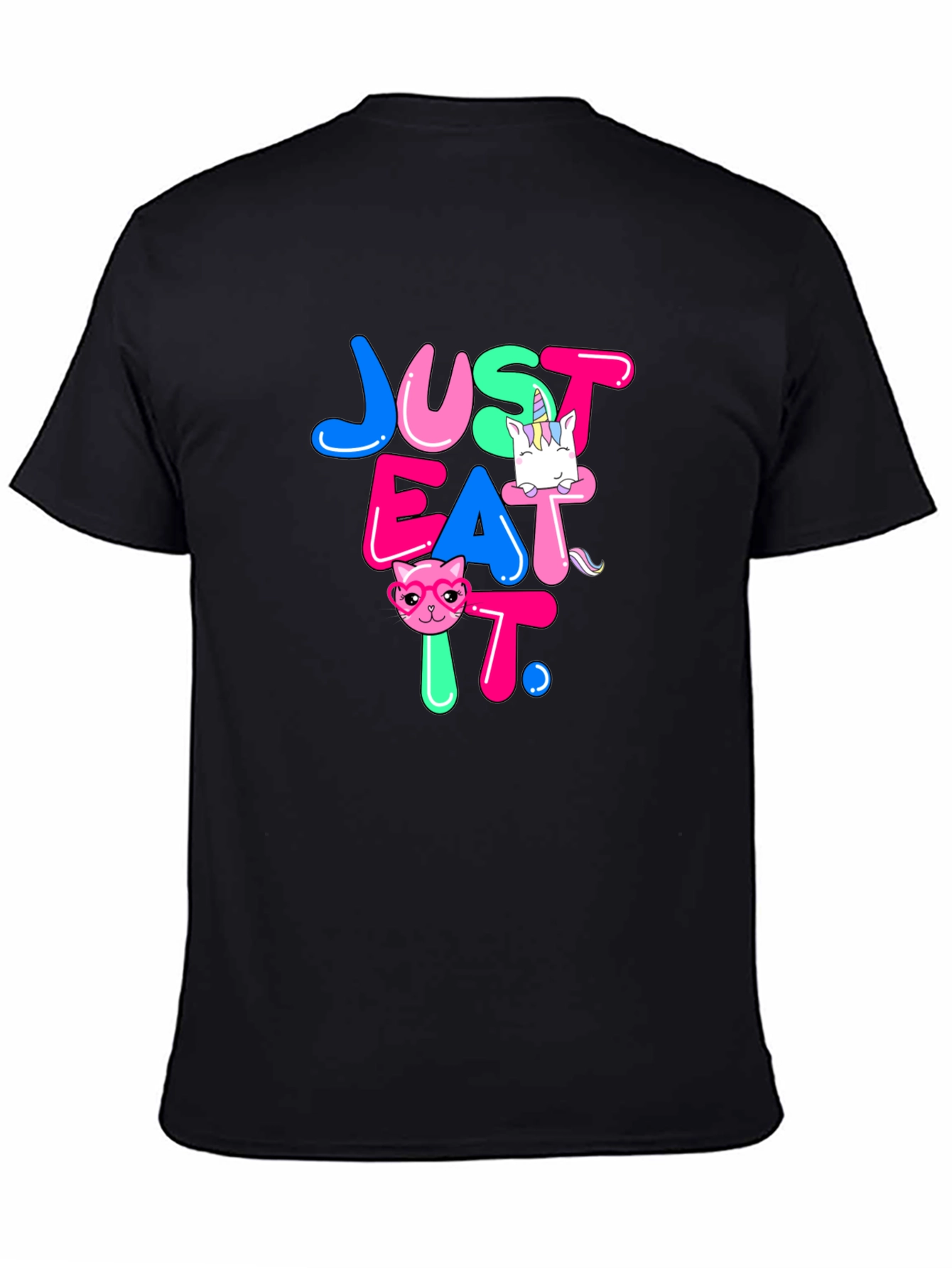 Black Just Eat It Graphic T-Shirt - Funny Cat & Unicorn Design view 4