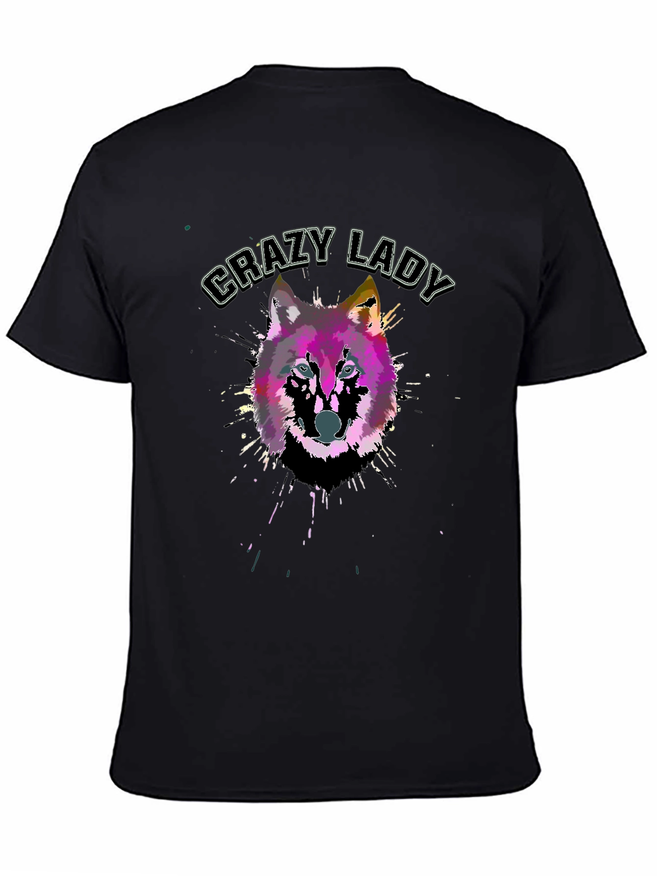 Black Crazy Lady Wolf Graphic Black T-Shirt view 4