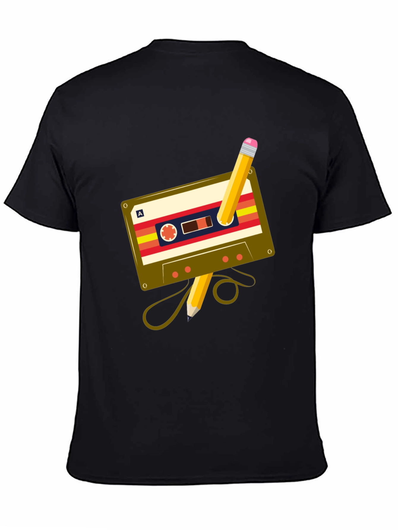 Black Retro Cassette & Pencil Graphic Tee - Music Lover's T-Shirt view 4