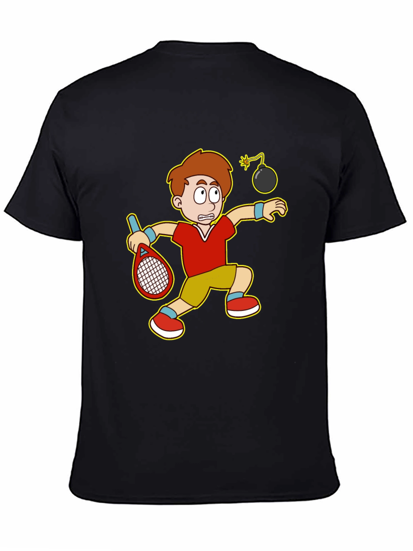 Black Funny Tennis Player Cartoon Graphic T-Shirt view 4