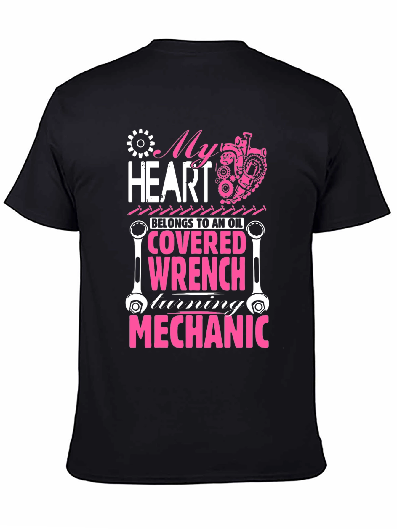 Black Mechanic Heart T-Shirt: Oil Covered Wrench Design view 4