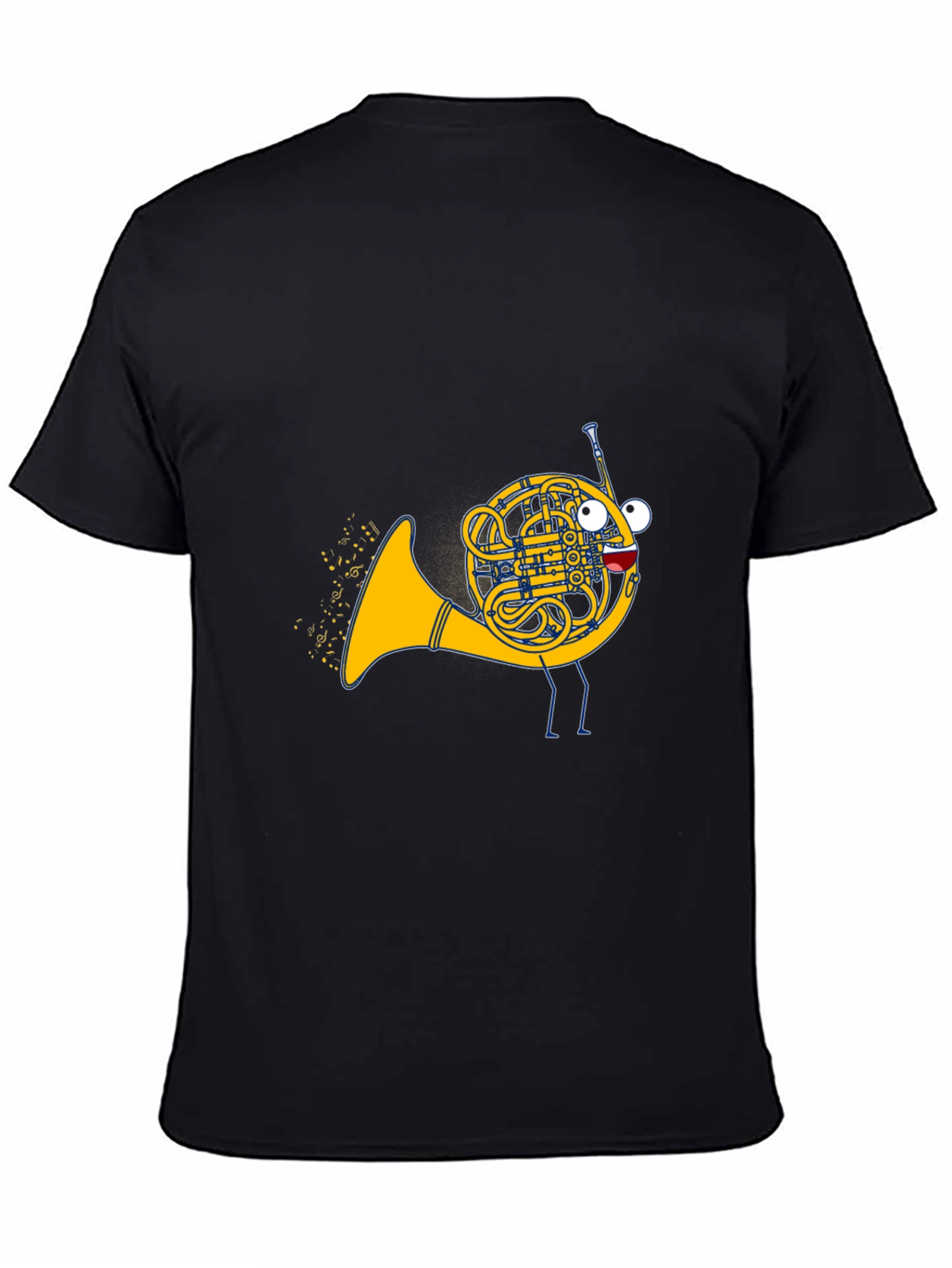 Black Musical French Horn Cartoon T-Shirt view 4