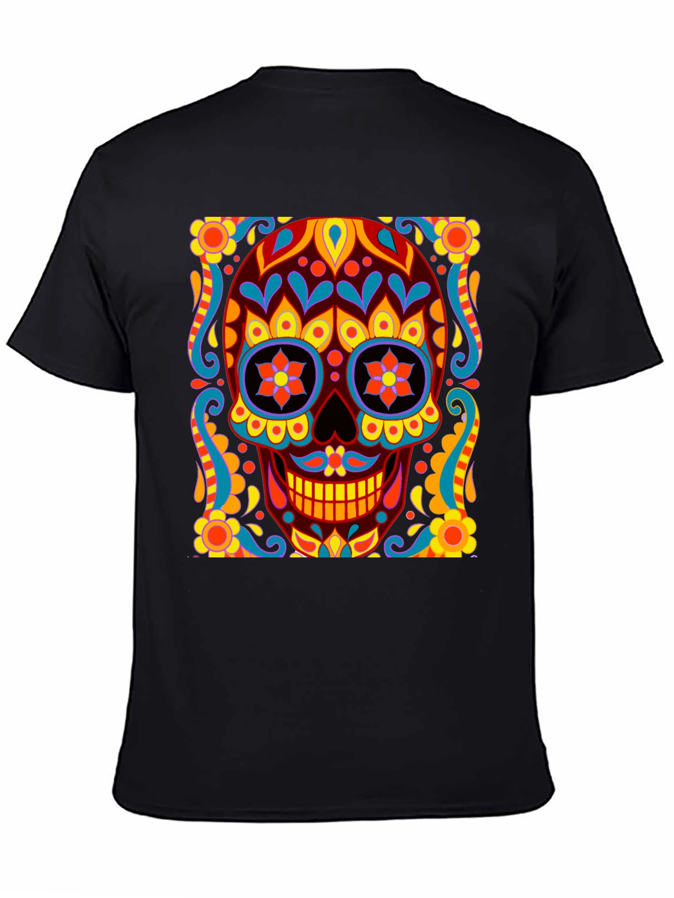 Black Day of the Dead Skull Graphic Black T-Shirt view 4