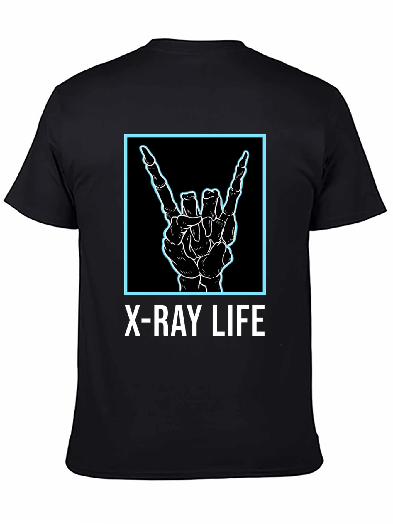 Black X-Ray Life Skeleton Hand Rock On T-Shirt view 4