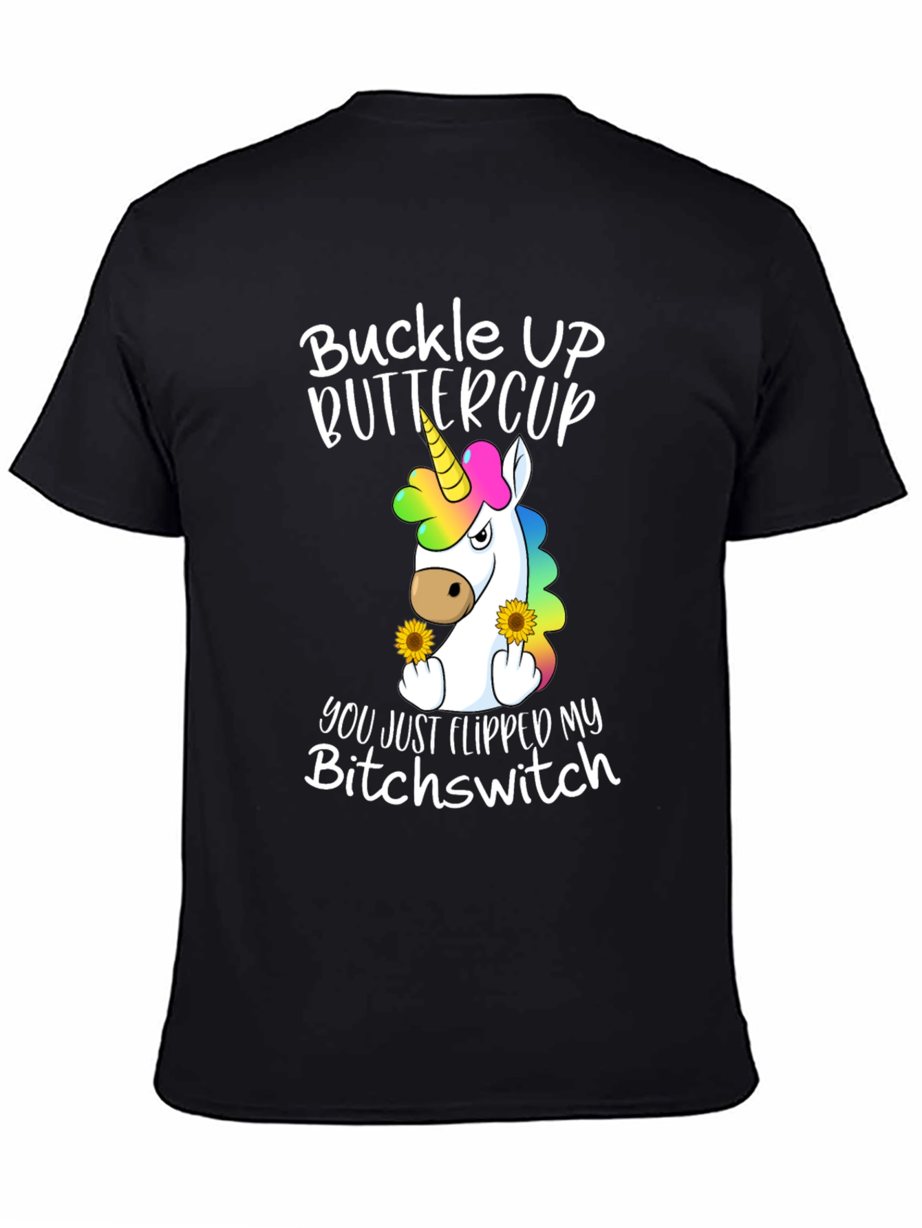 Black Buckle Up Buttercup T-Shirt - Unicorn Flipping You Off view 4