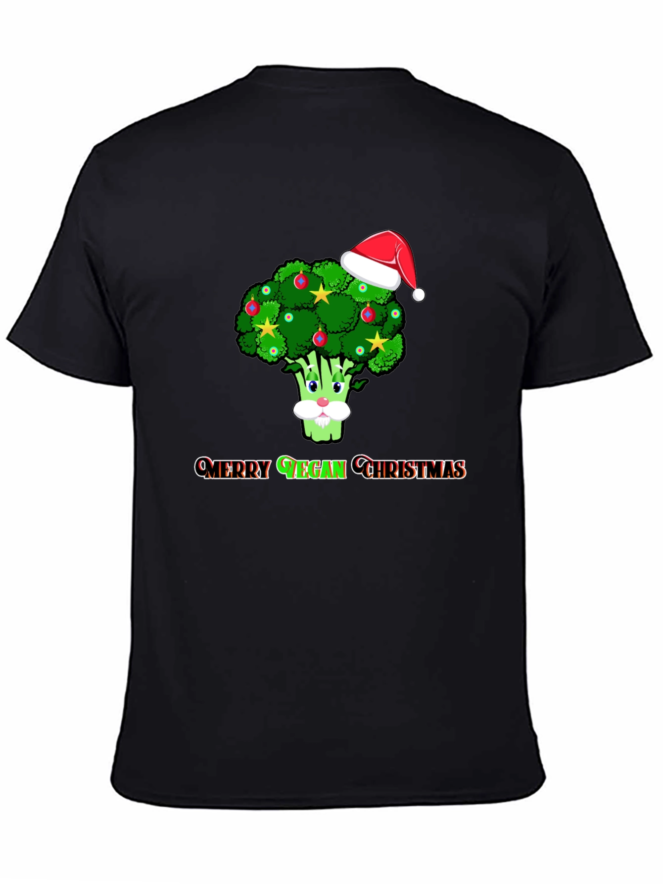 Black Merry Vegan Christmas T-Shirt - Broccoli Santa Hat view 4