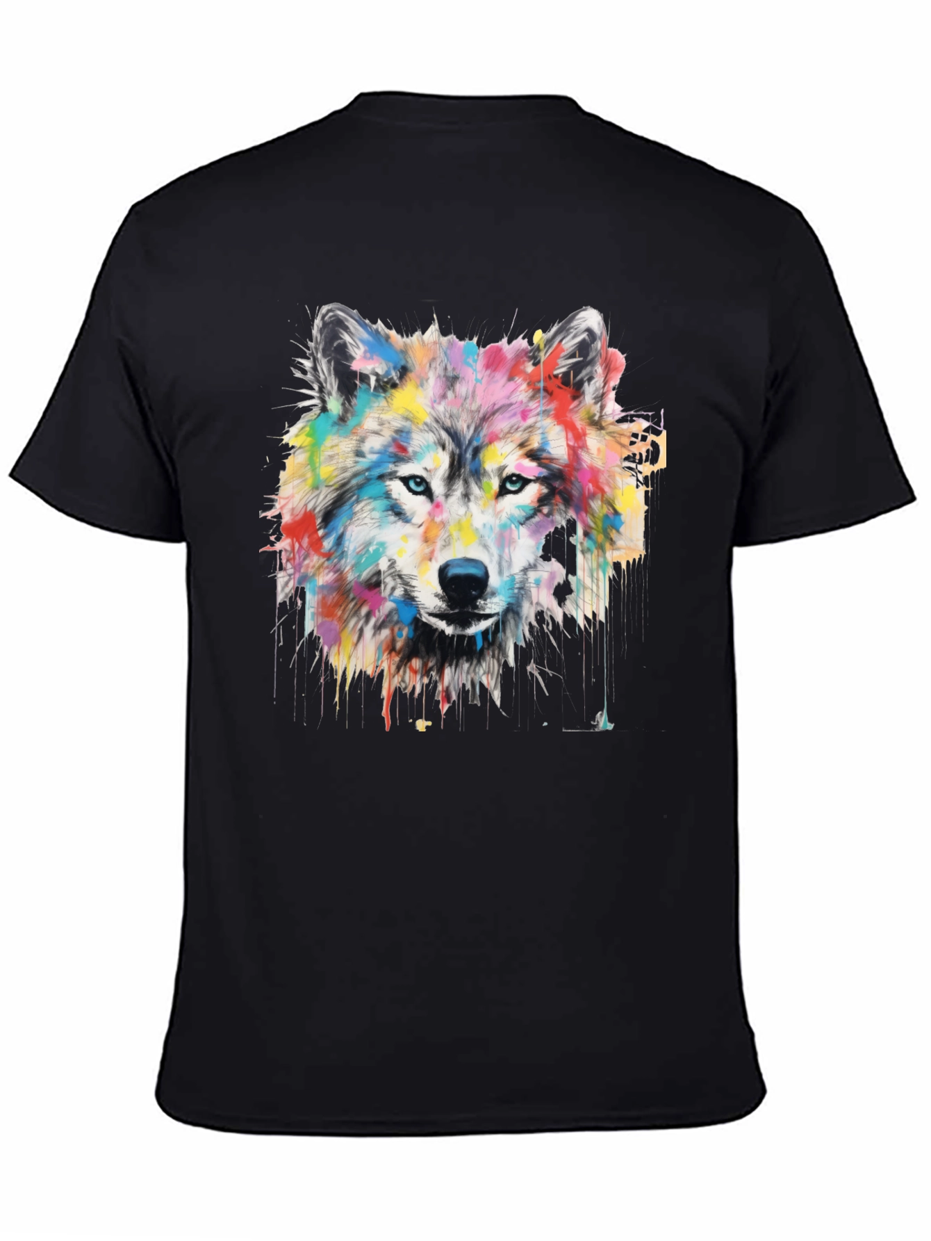 Black Colorful Wolf Graphic Print Men's Black T-Shirt view 4