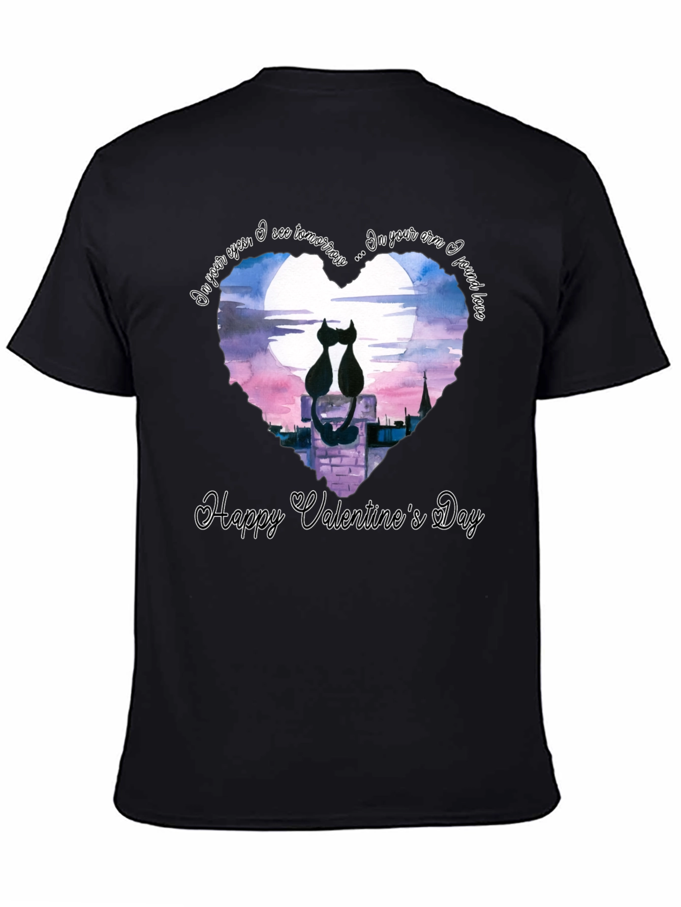 Black Valentine's Cat Lovers Black T-Shirt view 4