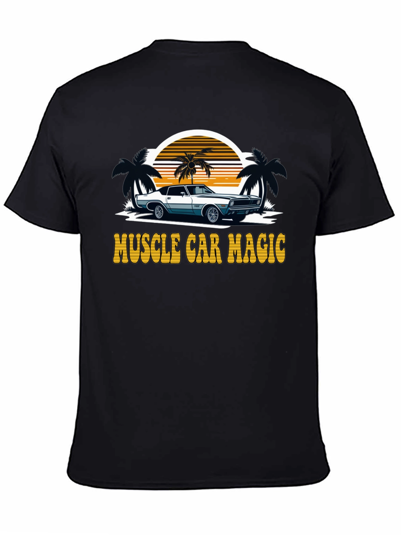 Black Muscle Car Magic Tee - Vintage Sunset Design view 4