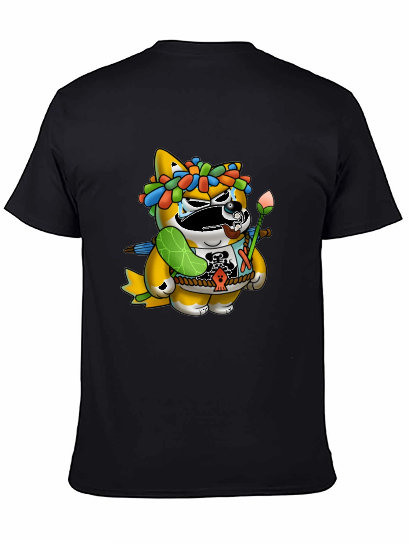 Black Unique Graphic Tee - Cartoon Tanuki Design view 4